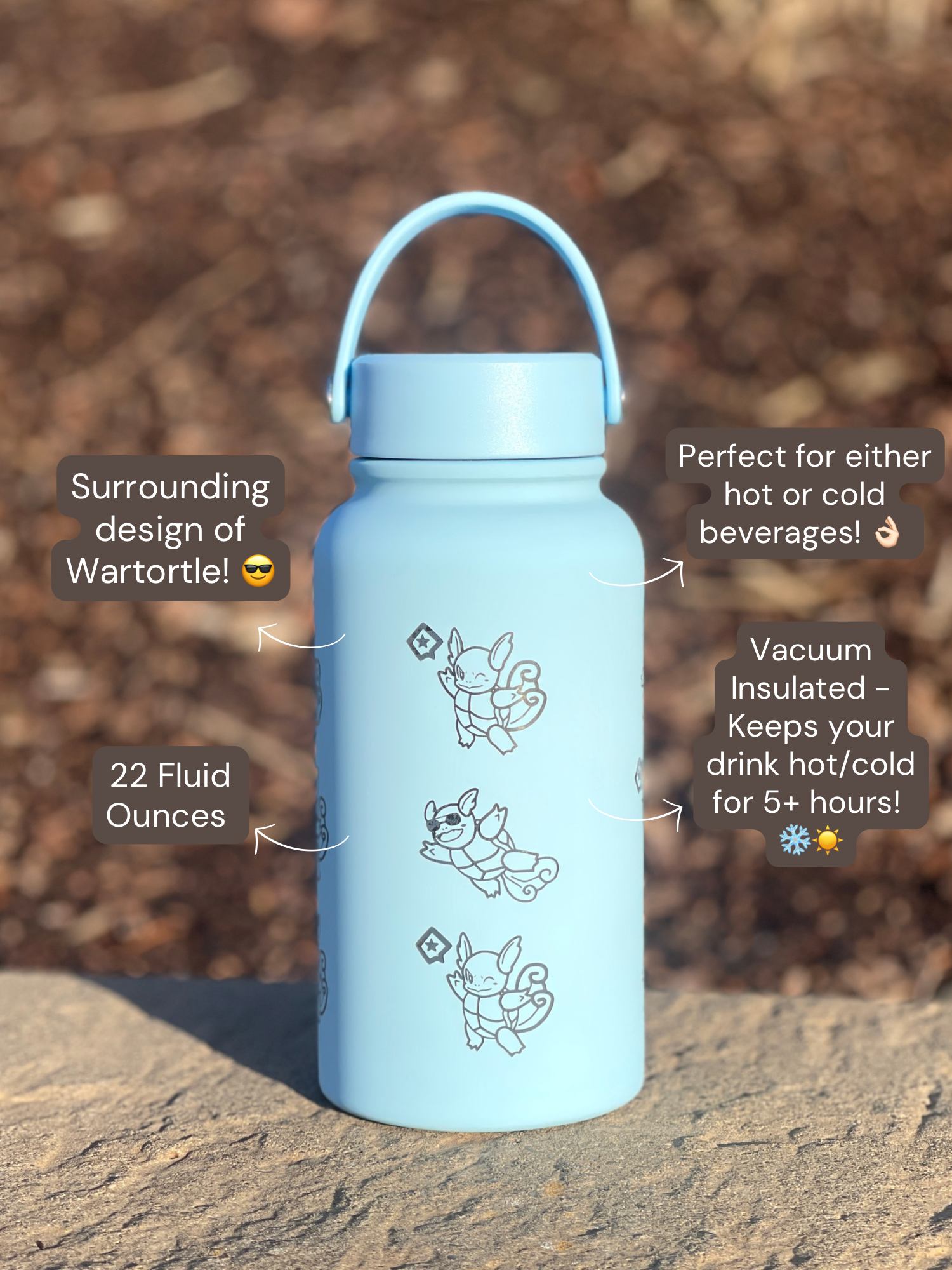 Wartortle Water Bottle Engraved Waterbottle with Scarf Sunglasses & Swimming Wartortle, Coffee Tumbler Thermos Flask, Gamer Anniversary Gift