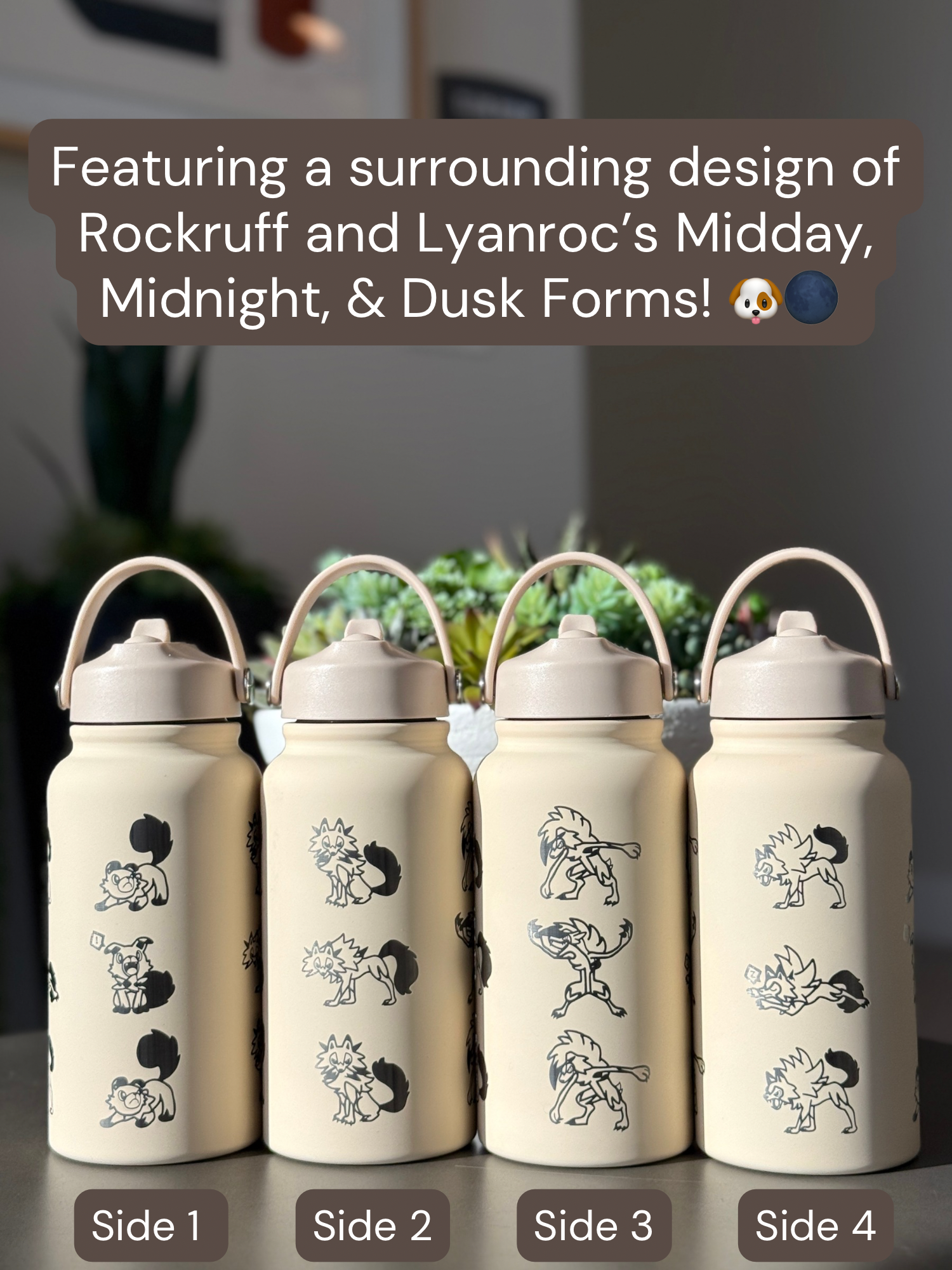 Rockruff Lyanroc Water Bottle Engraved Waterbottle, Lyanroc Midday Dusk & Midnight Form Coffee Tumbler Thermos Flask, Gamer Anniversary Gift
