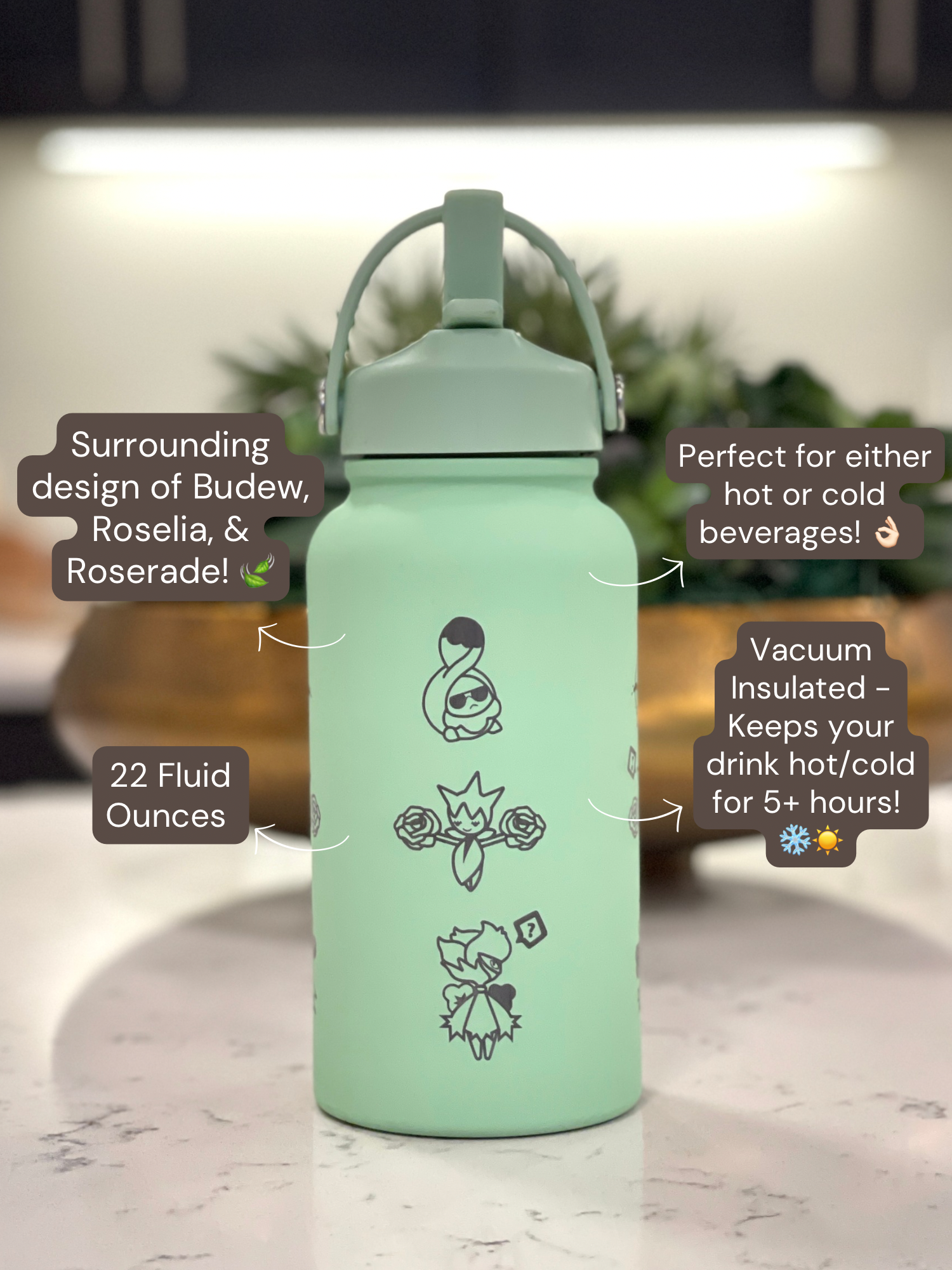 Budew Roselia Roserade Water Bottle Engraved Coffee Tumbler, Budew with Sunglasses, Grass Evolution Trio, Anime Fan Birthday Gift