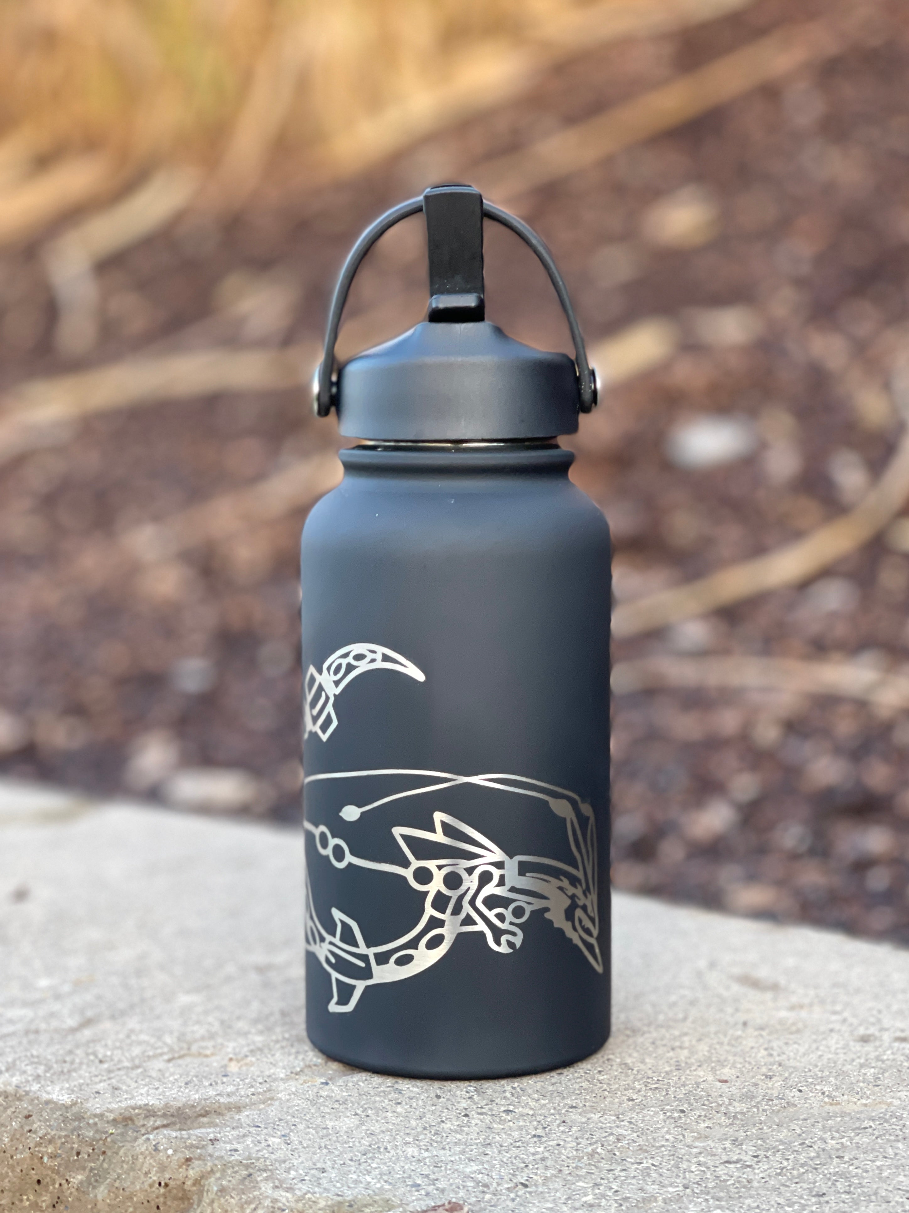 Shiny Rayquaza & Mega Rayquaza Water Bottle Engraved Waterbottle Black Rayquaza Dragon Legendary Coffee Tumbler Thermos, Gamer Anniversary Gift