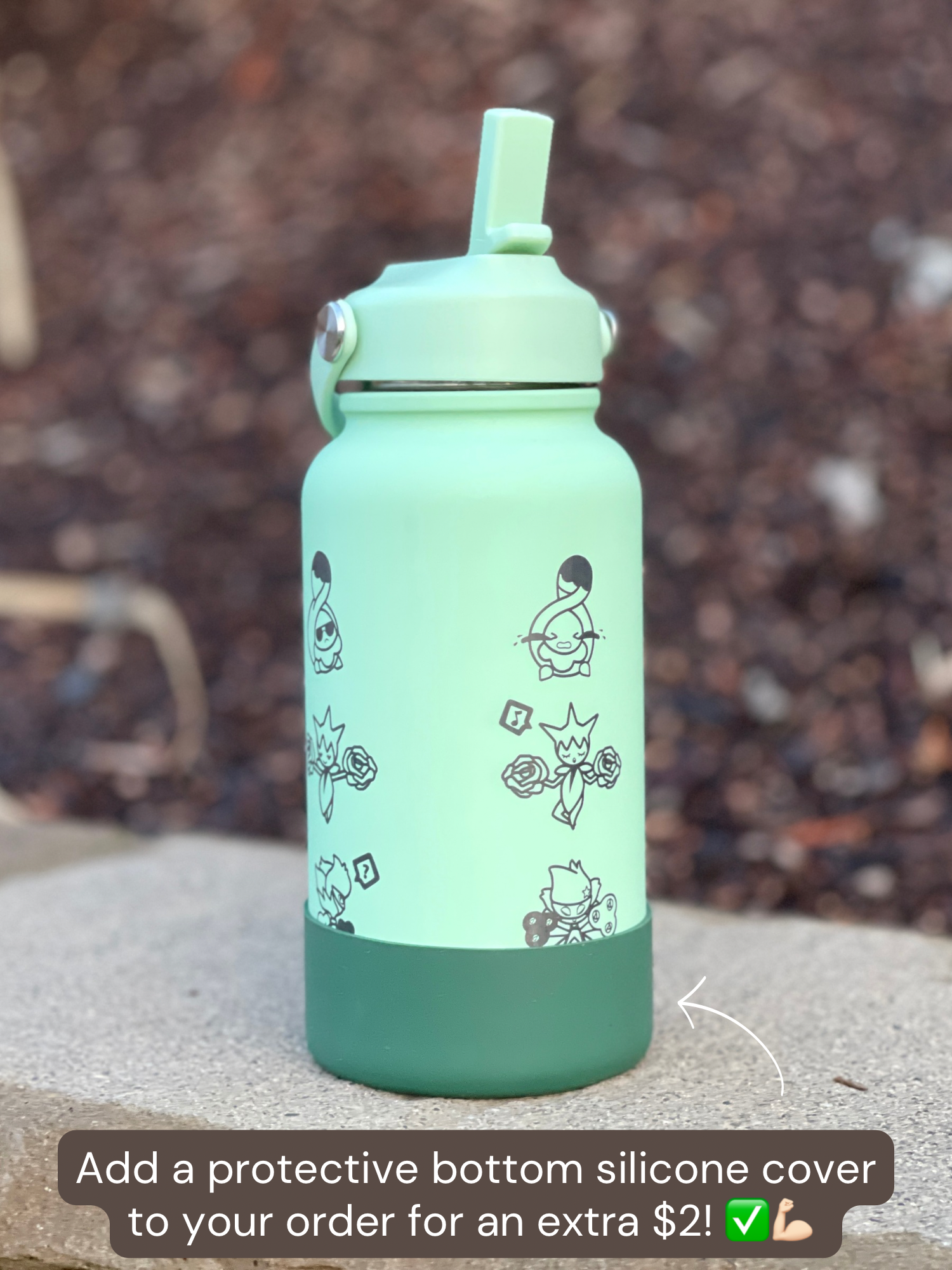 Budew Roselia Roserade Water Bottle Engraved Coffee Tumbler, Budew with Sunglasses, Grass Evolution Trio, Anime Fan Birthday Gift