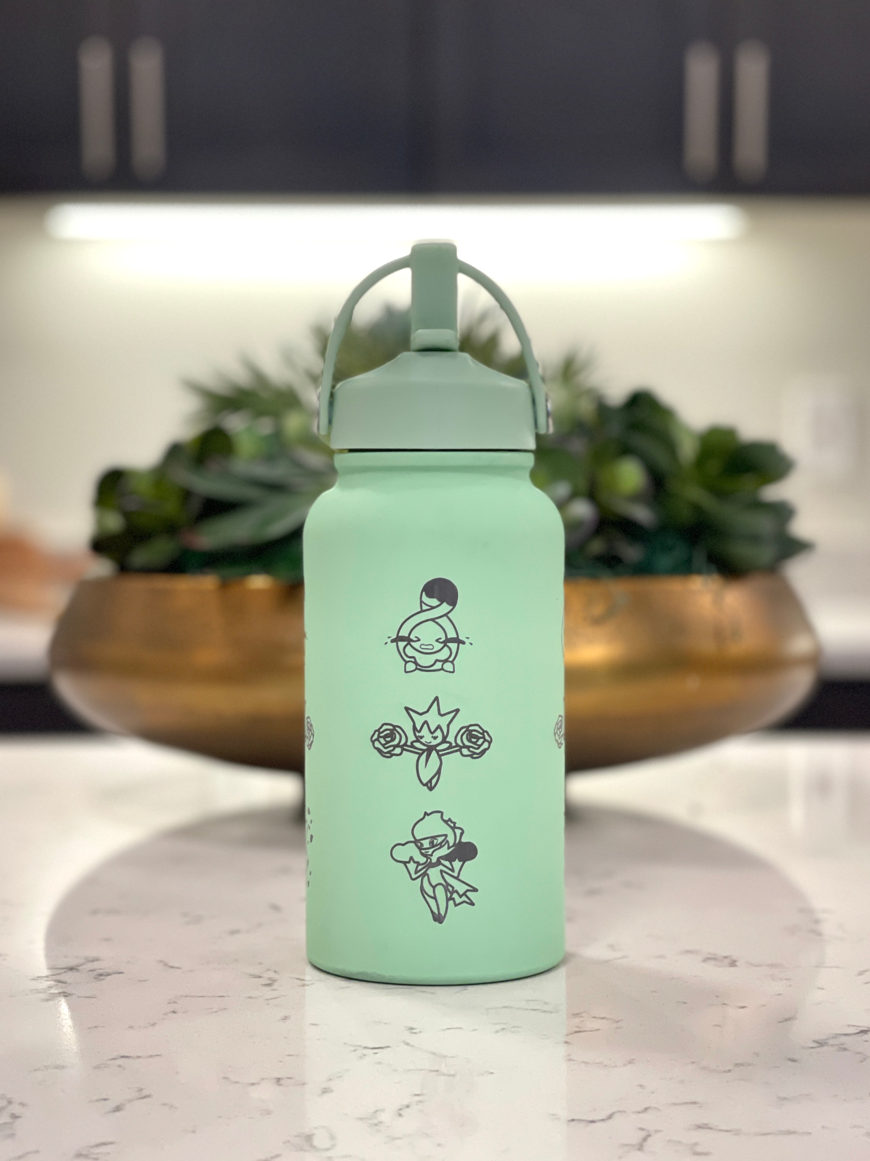 Budew Roselia Roserade Water Bottle Engraved Coffee Tumbler, Budew with Sunglasses, Grass Evolution Trio, Anime Fan Birthday Gift