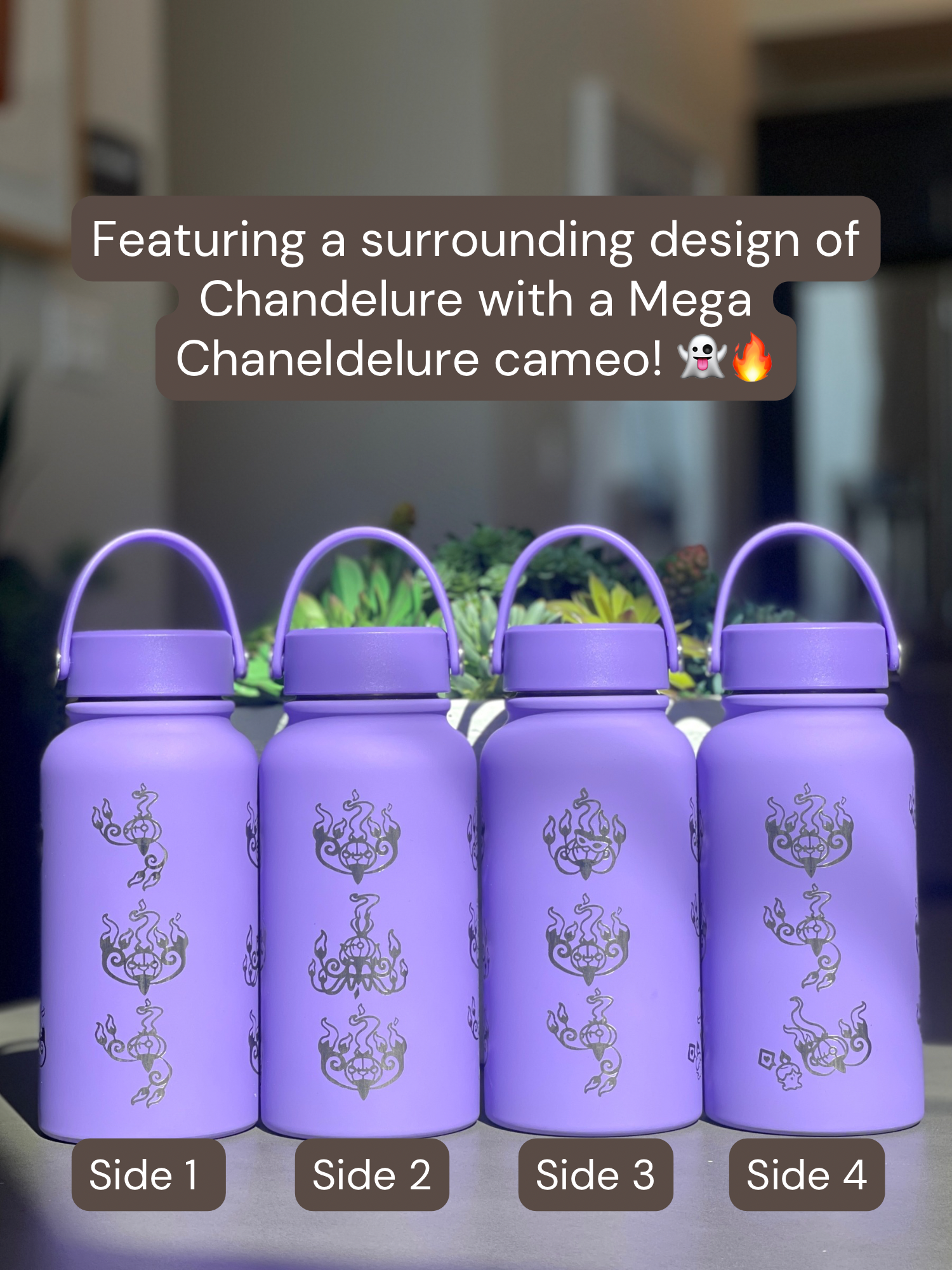 Chandelure Water Bottle Engraved Waterbottle with Mega Chandelure & Litwick, Ghost Chandalier Coffee Tumbler Thermos Flask, Gamer Anniversary Gift