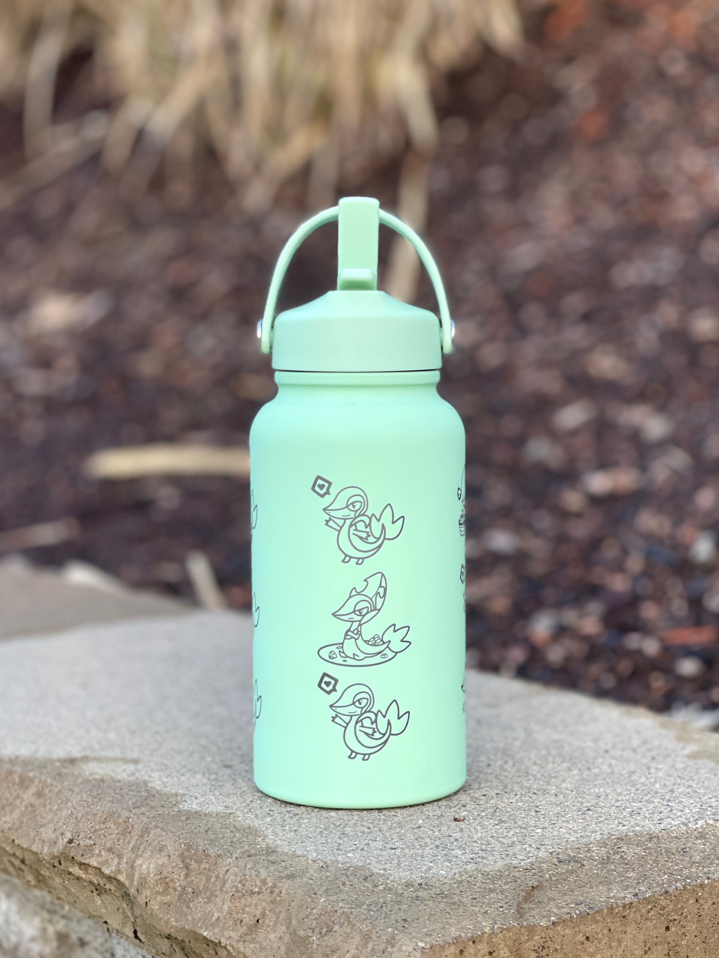 Snivy Water Bottle Engraved Waterbottle with Sleeping Snivy, Grass Unova Starter Coffee Tumbler Thermos, Gamer Anniversary Gift