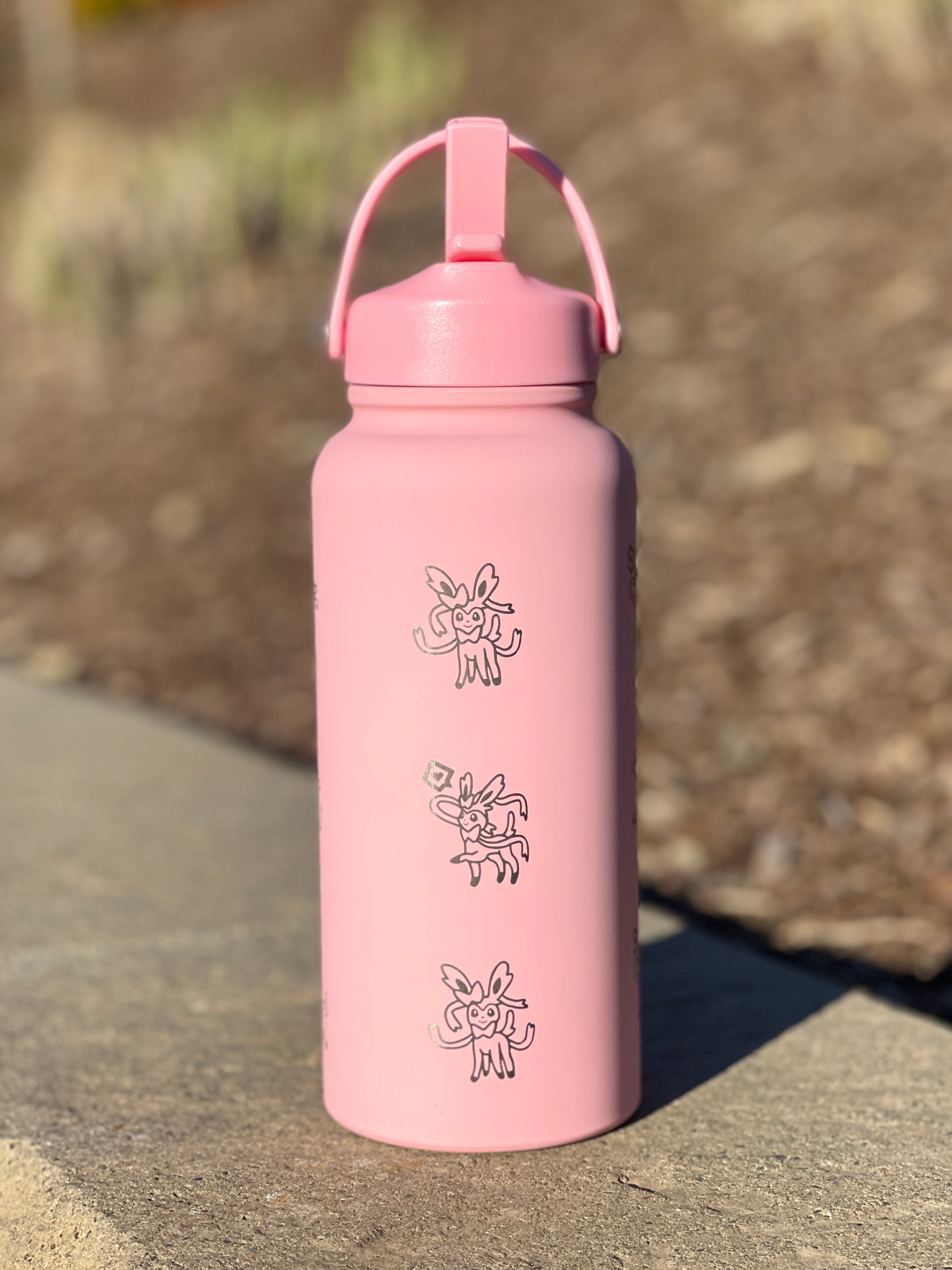 Sylveon Water Bottle Tumbler, Engraved Eevee Evolution Fairy Eeveelution Coffee Tea Thermos Travel Mug Waterbottle, Anime Fan Birthday Gift