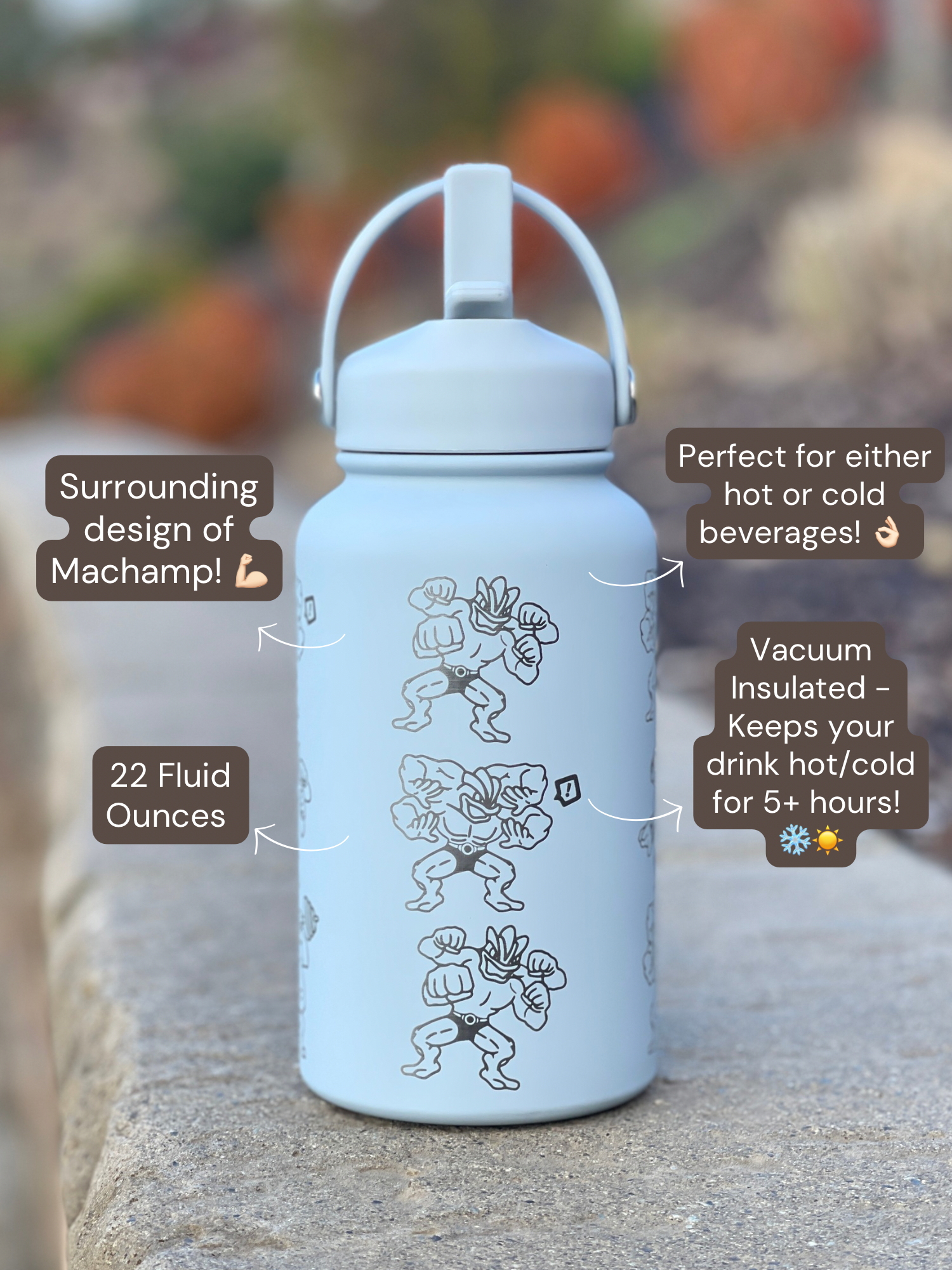 Machamp Water Bottle Engraved Coffee Tumbler with Gigantamax Machamp & Weights Waterbottle Thermos Anime Fan Birthday Gift