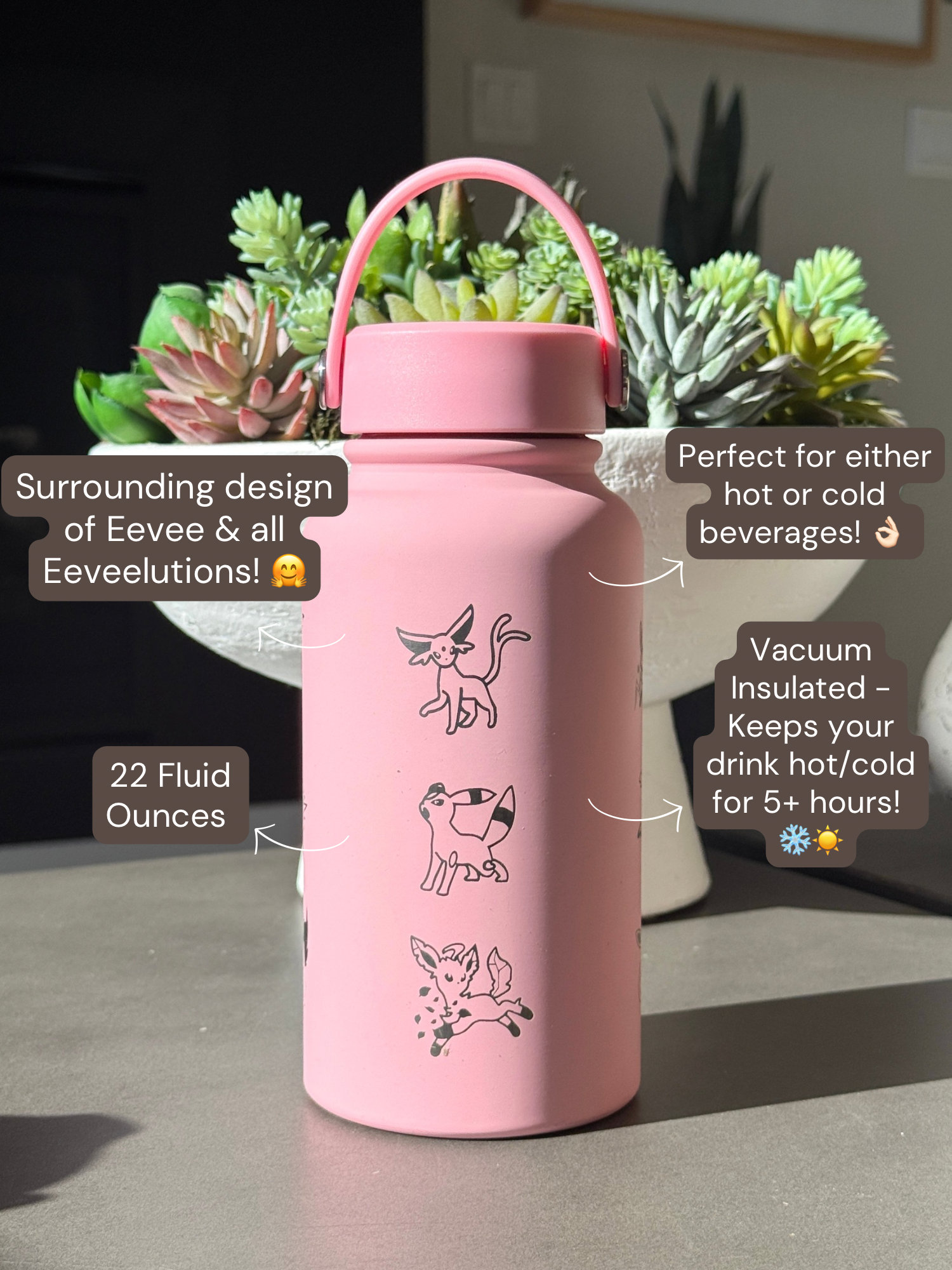Eevee Evolutions Eeveelutions Pink Water Bottle Engraved Waterbottle Espeon Umbreon Leafeon Glaceon Sylveon Coffee Tumbler Thermos, Gamer Anniversary Gift