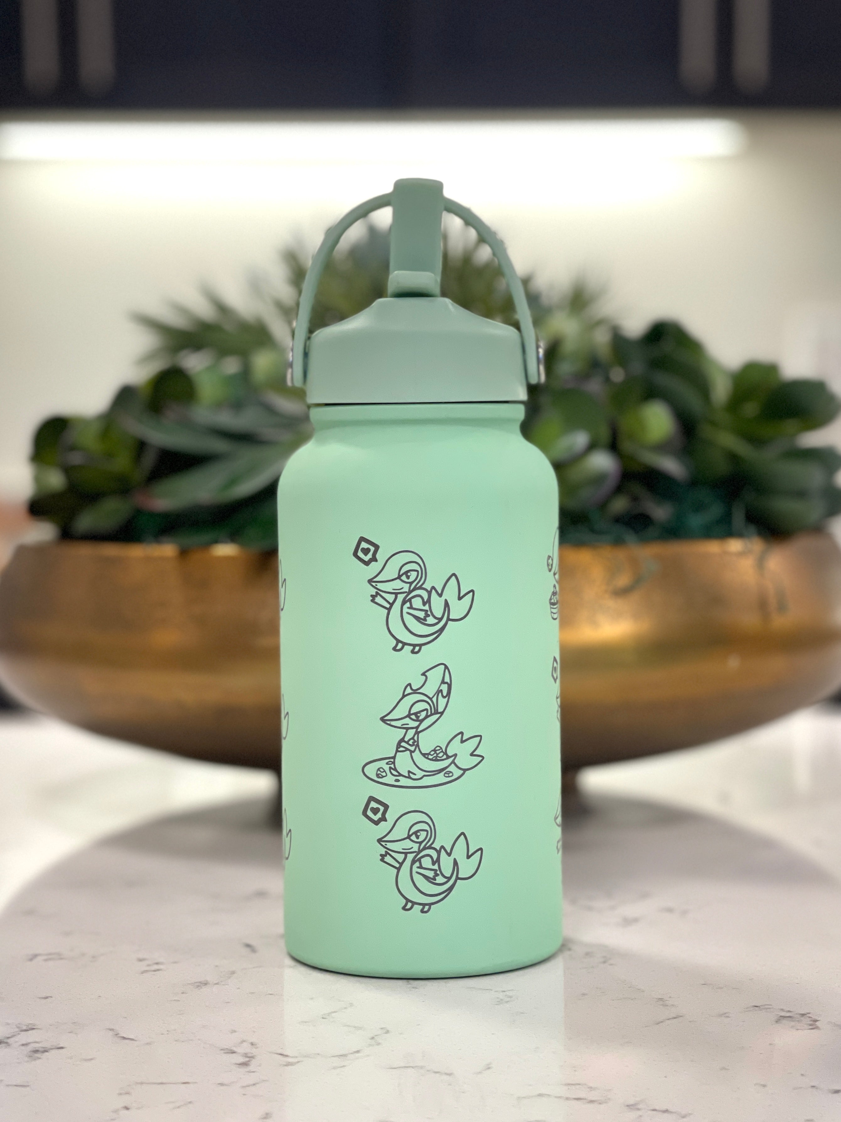 Snivy Water Bottle Engraved Waterbottle with Sleeping Snivy, Grass Unova Starter Coffee Tumbler Thermos, Gamer Anniversary Gift