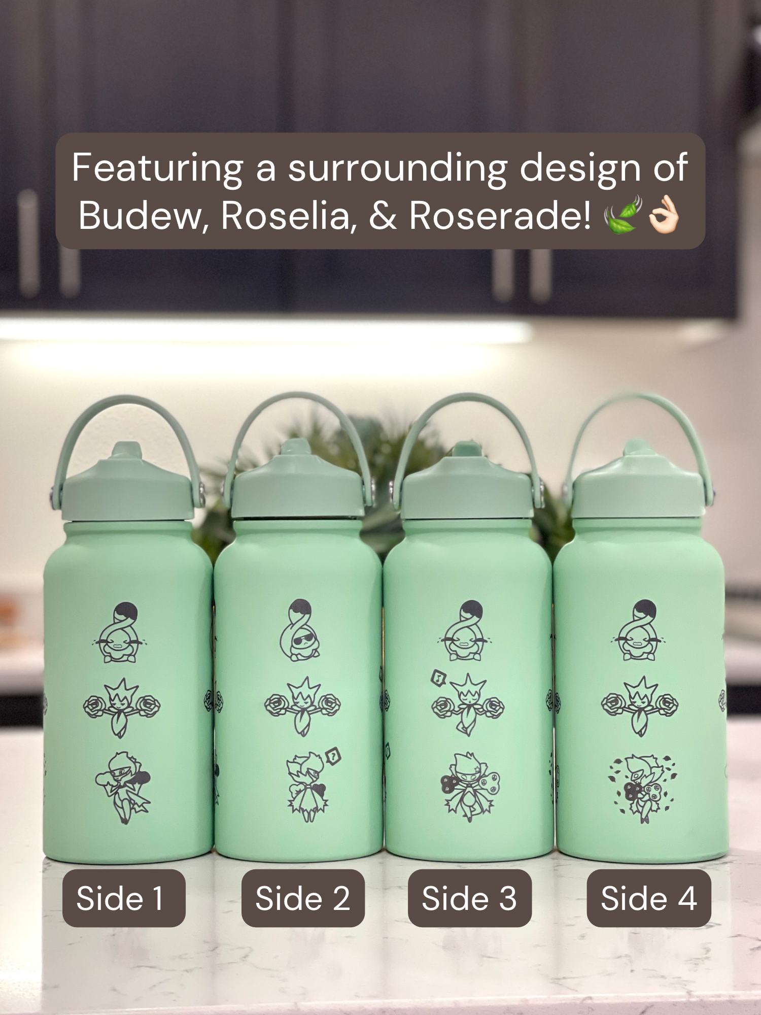 Budew Roselia Roserade Water Bottle Engraved Coffee Tumbler, Budew with Sunglasses, Grass Evolution Trio, Anime Fan Birthday Gift