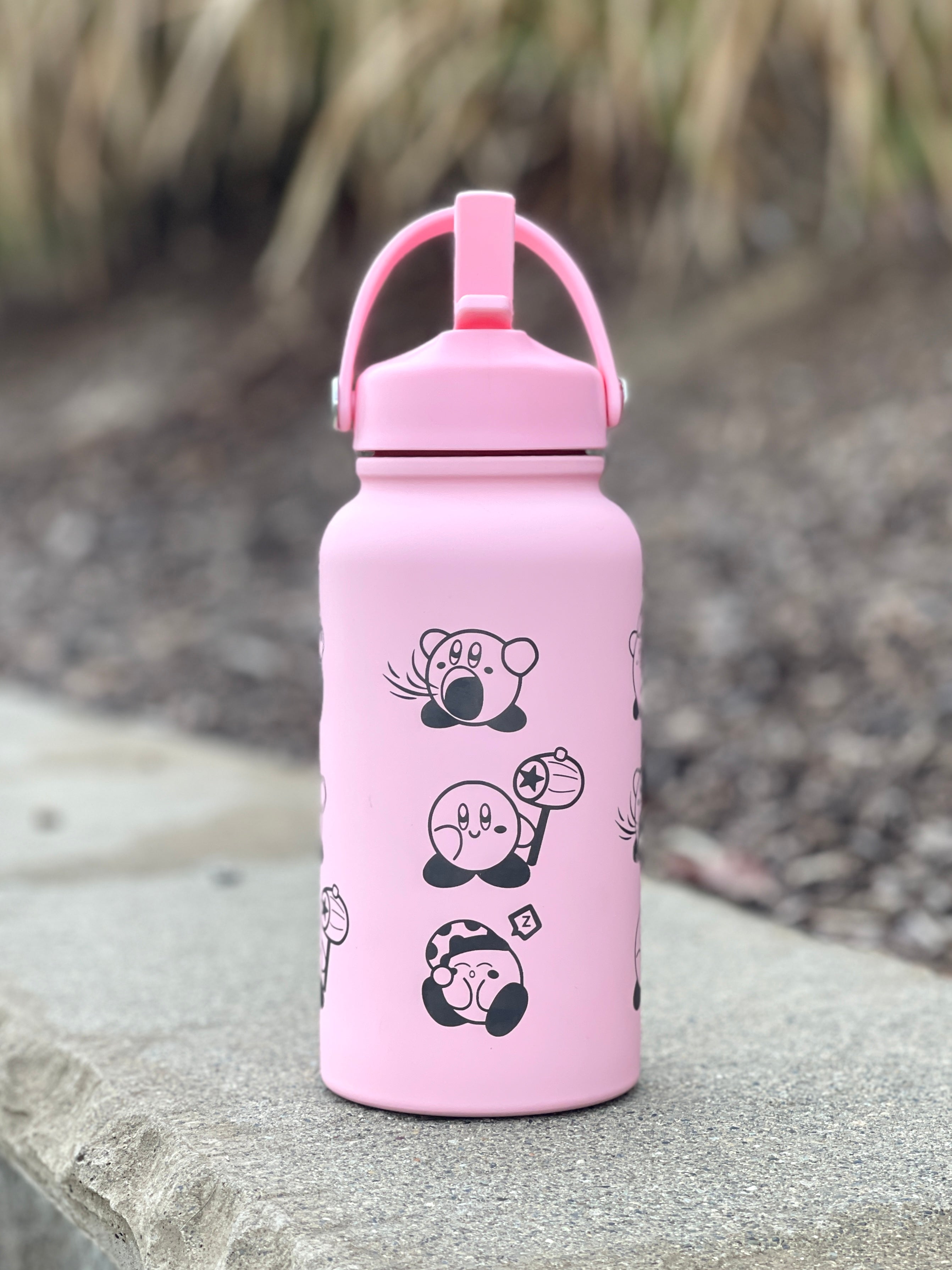Kirby Water Bottle Engraved Waterbottle with Knife Kirby Warp Star & Hammer Coffee Tumbler Thermos, Gamer Anniversary Gift