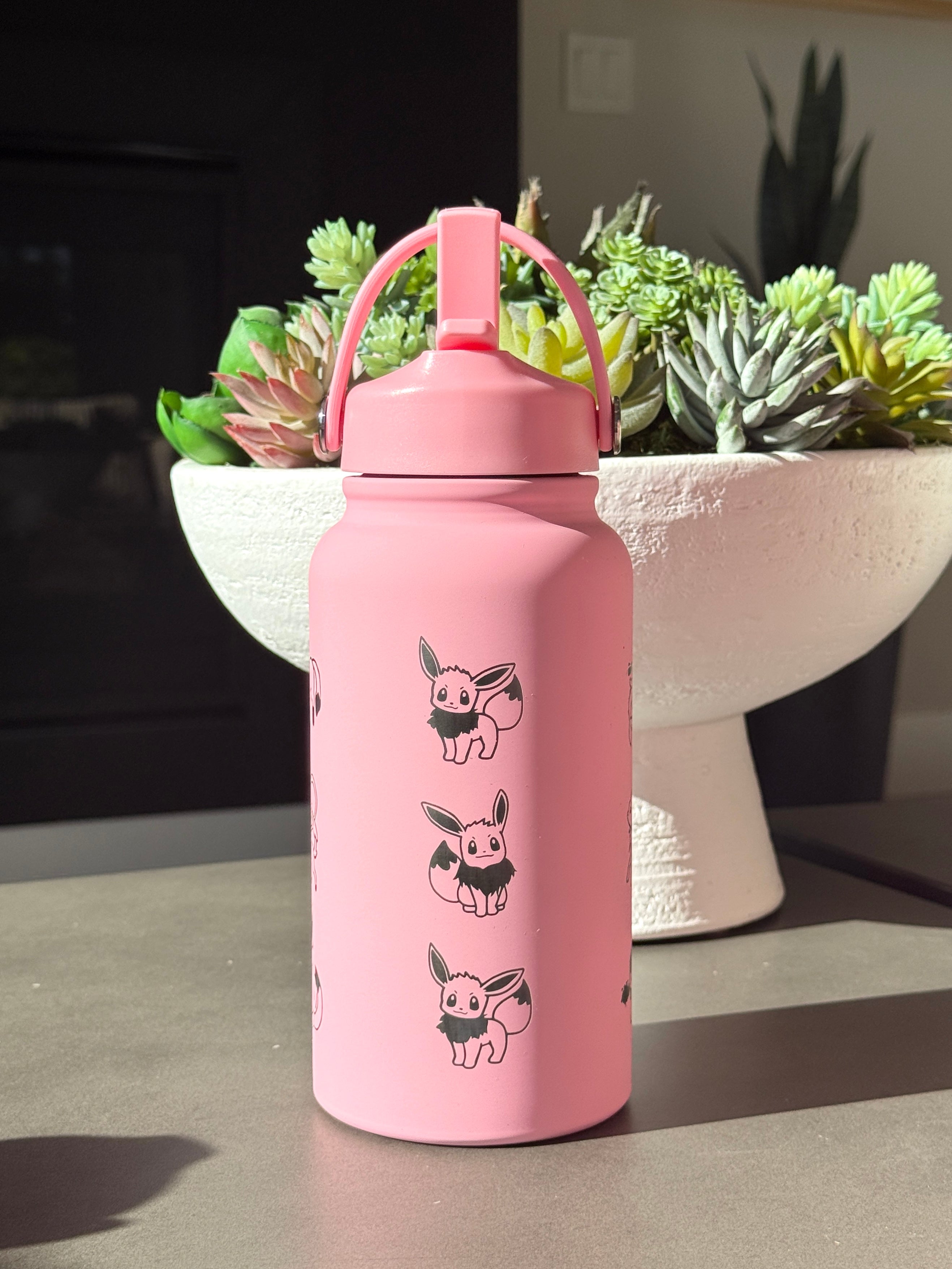 Eevee Evolutions Eeveelutions Pink Water Bottle Engraved Waterbottle Espeon Umbreon Leafeon Glaceon Sylveon Coffee Tumbler Thermos, Gamer Anniversary Gift
