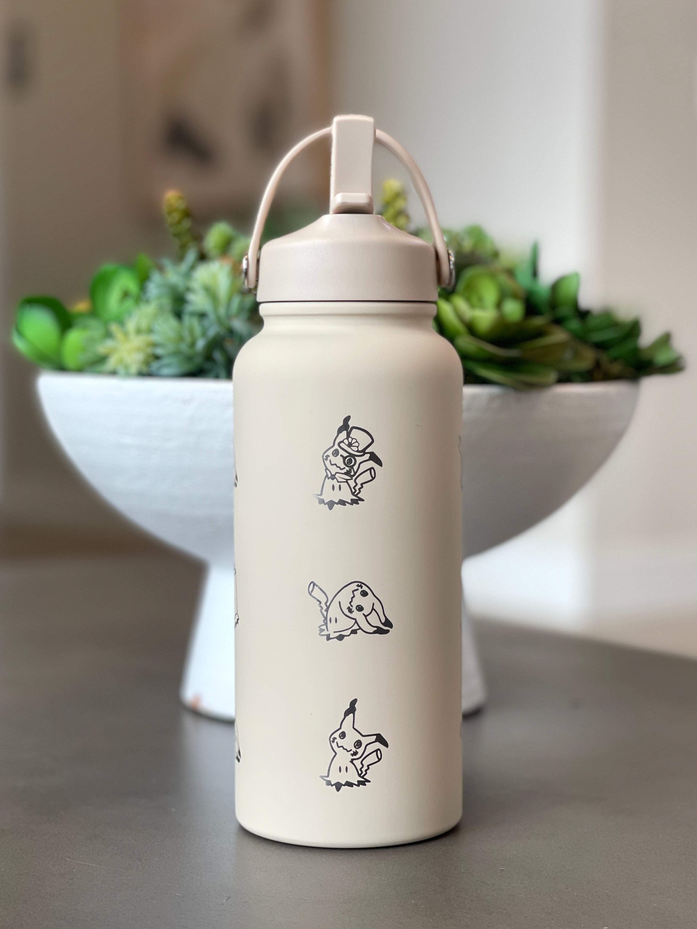 Mimikyu Water Bottle Engraved Coffee Tumbler with Disguised & Busted Form, Unite Noble Style Dapper Hat, Jesse’s Mimikyu Waterbottle Thermos