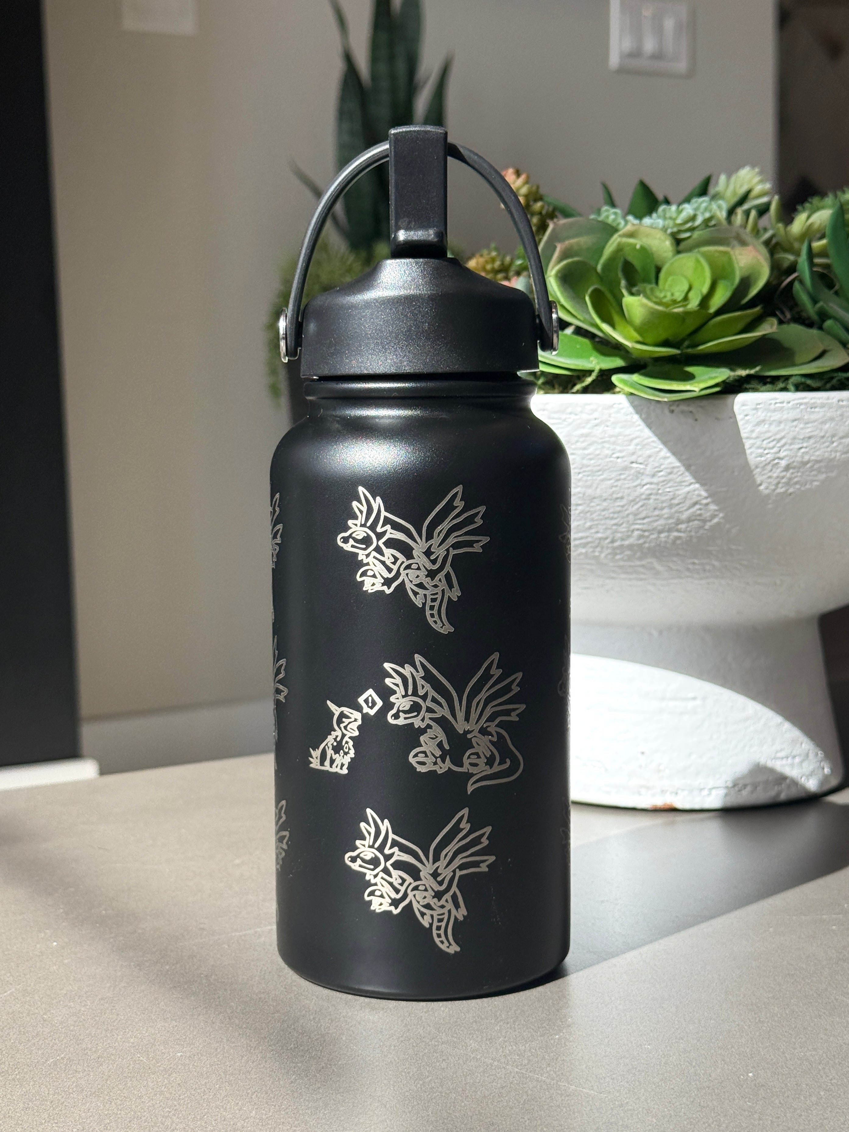 Hydreigon Water Bottle Engraved Waterbottle with Iron Jugulis & Deino Coffee Tumbler Thermos Flask, Dragon Gamer Anniversary Gift