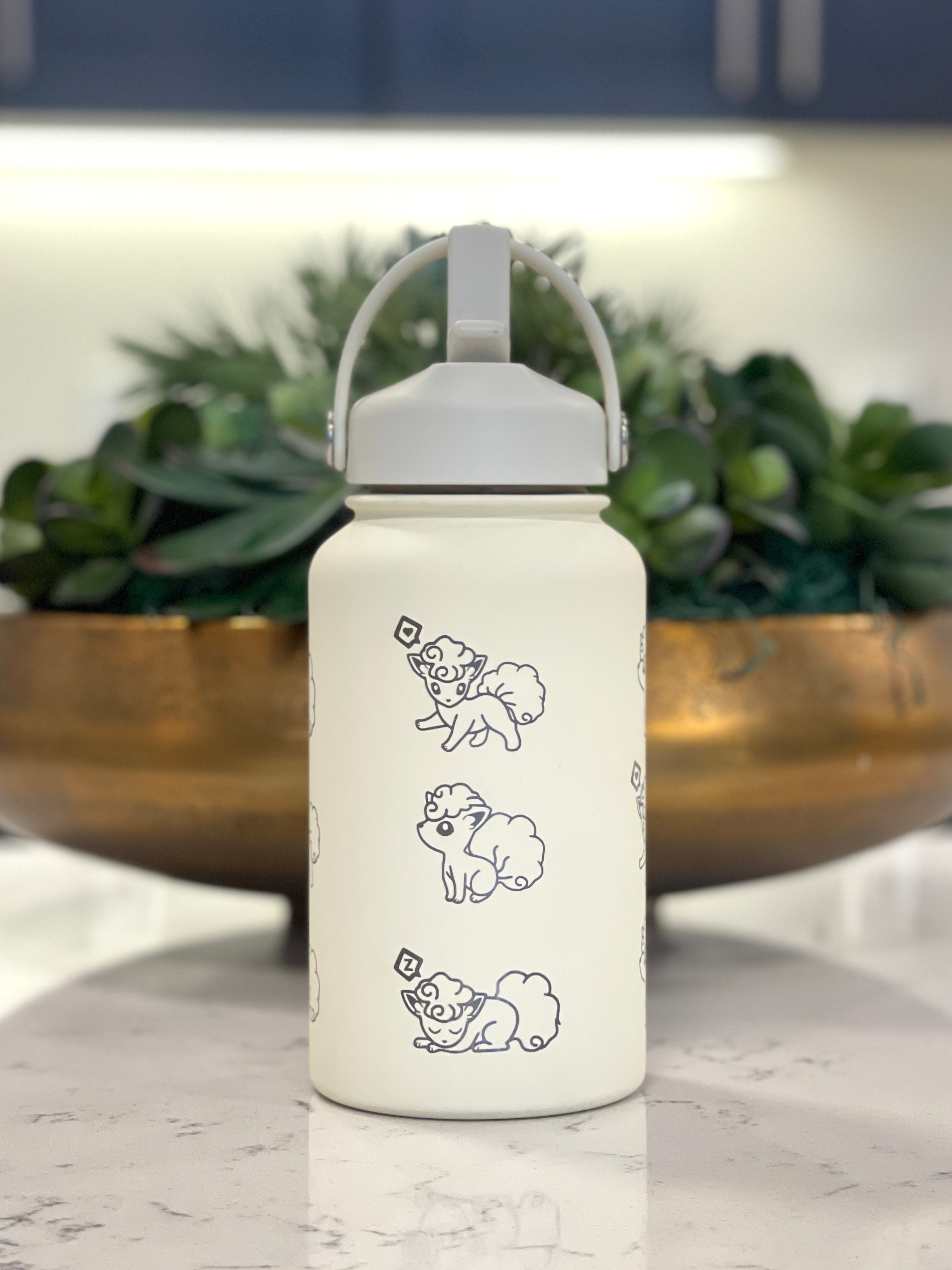 Alolan Vulpix Ninetails Water Bottle Engraved Coffee Tumbler Waterbottle, Snowy Egg & Sleeping Vulpix Thermos Anime Fan Anniversary Gift