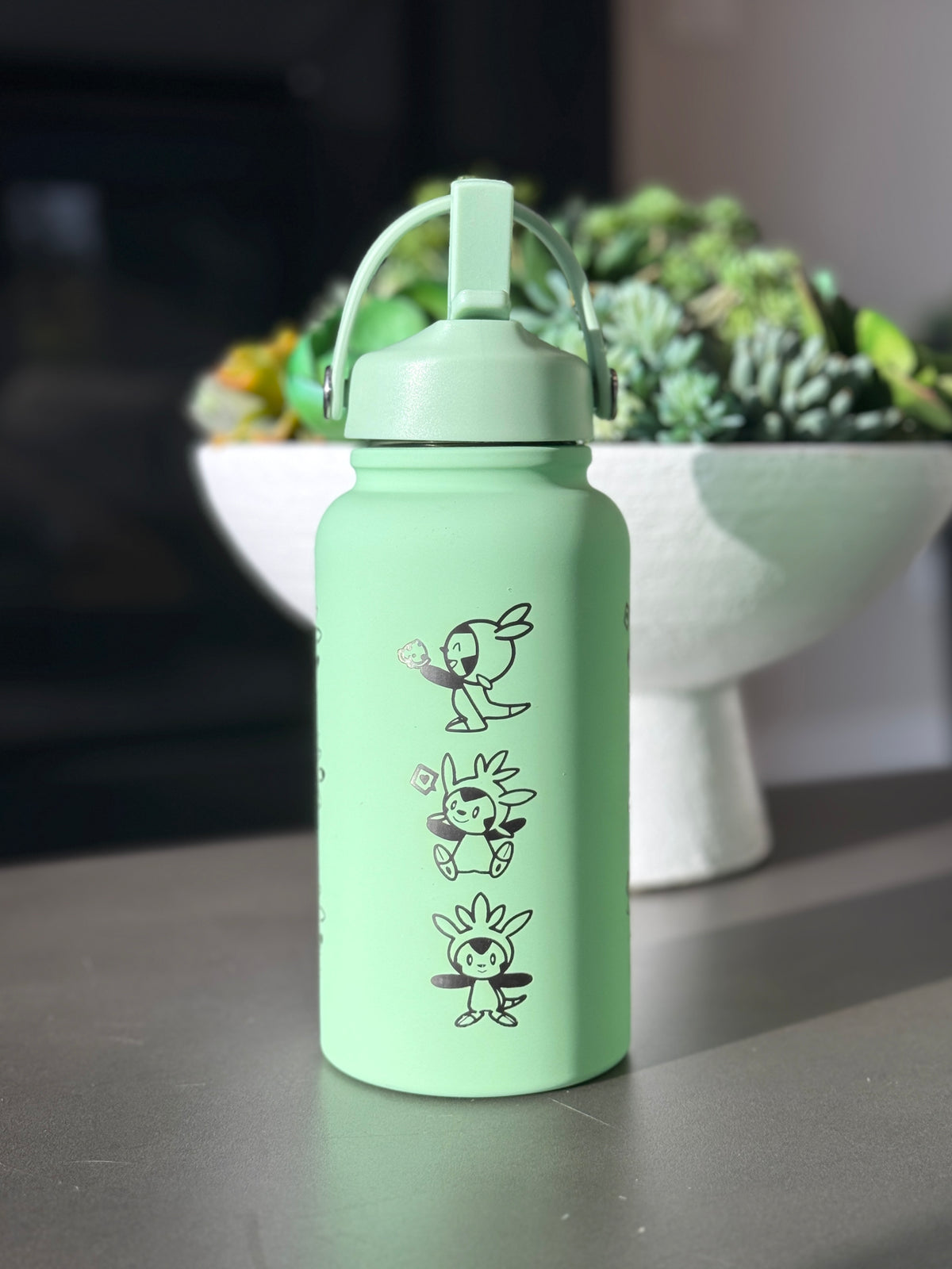 Chespin Water Bottle Engraved Coffee Tumbler with Sleeping Chespin Waterbottle, Kalos Grass Starter Thermos Anime Fan Birthday Gift