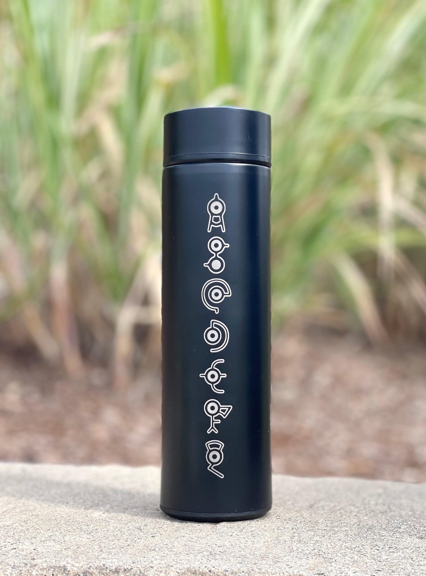 Unown Coffee Tumbler, “Unown Alphabet” Engraved Waterbottle with Tea Infuser, Anime Fan Travel Mug Cup Water Bottle Flask Drinkware Gift