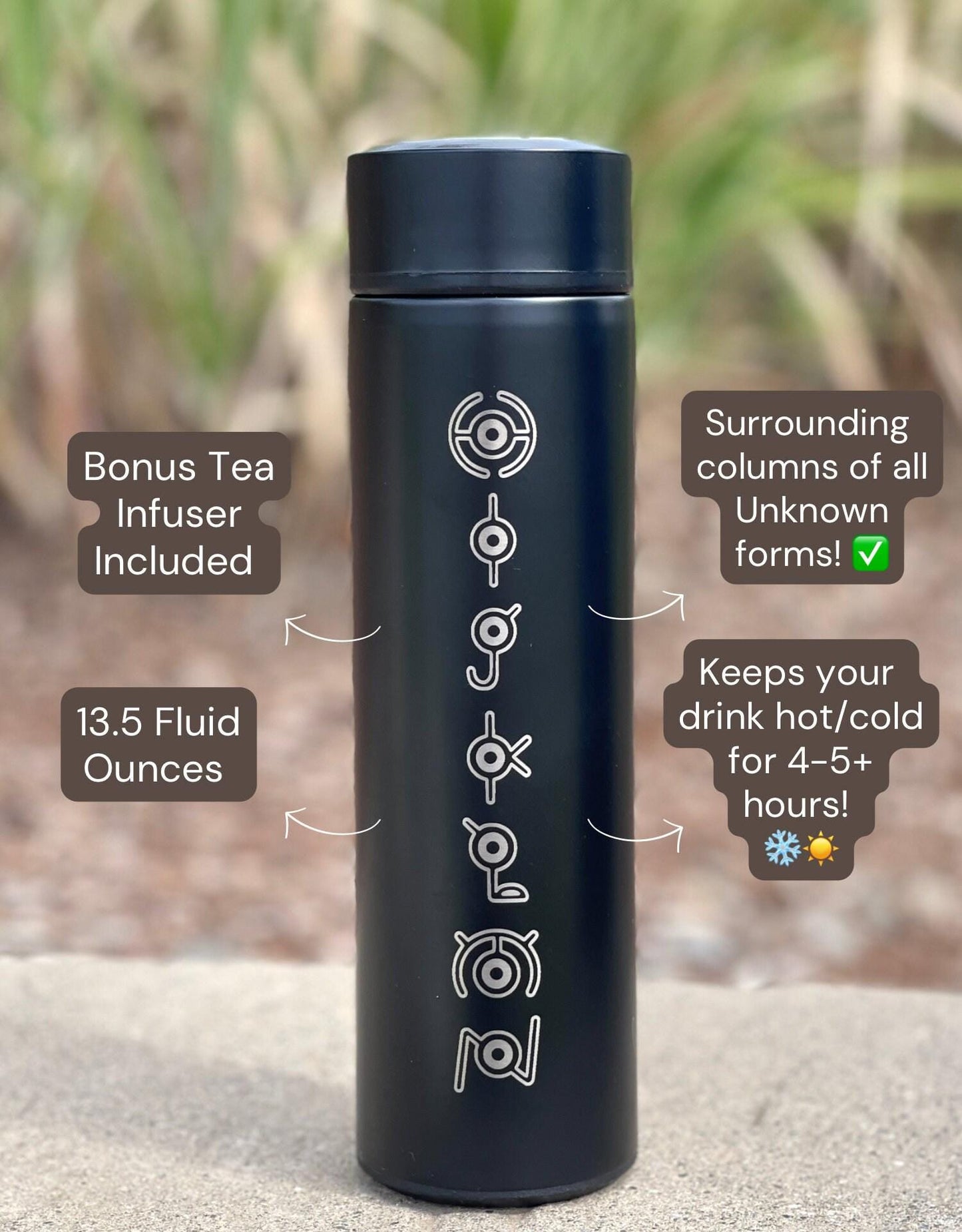 Unown Coffee Tumbler, “Unown Alphabet” Engraved Waterbottle with Tea Infuser, Anime Fan Travel Mug Cup Water Bottle Flask Drinkware Gift