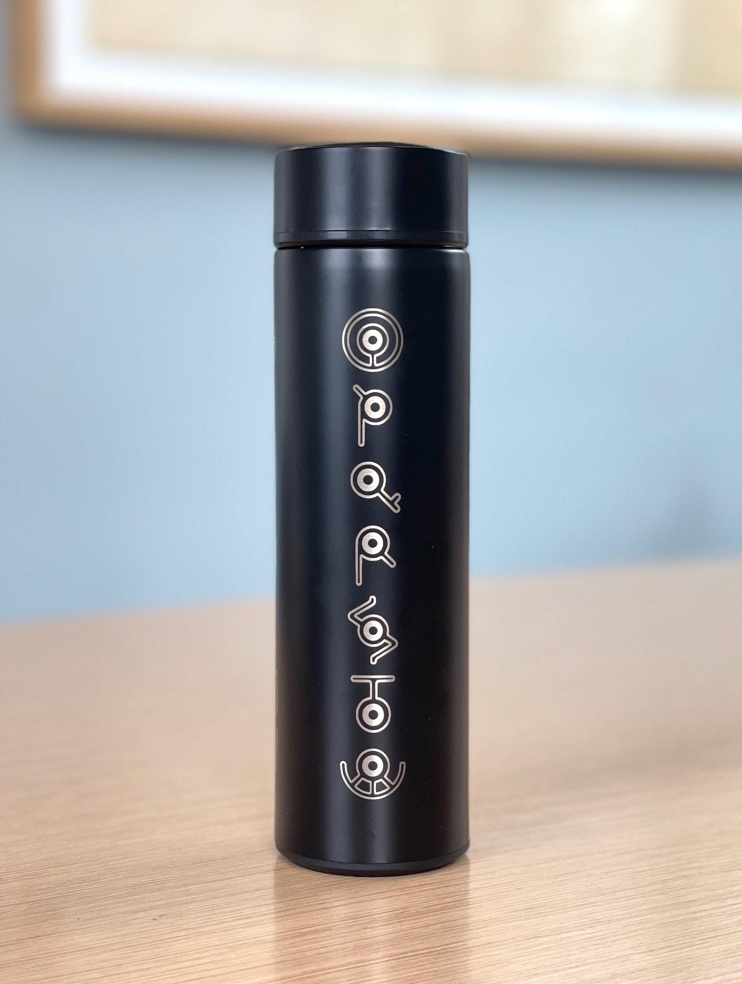 Unown Coffee Tumbler, “Unown Alphabet” Engraved Waterbottle with Tea Infuser, Anime Fan Travel Mug Cup Water Bottle Flask Drinkware Gift
