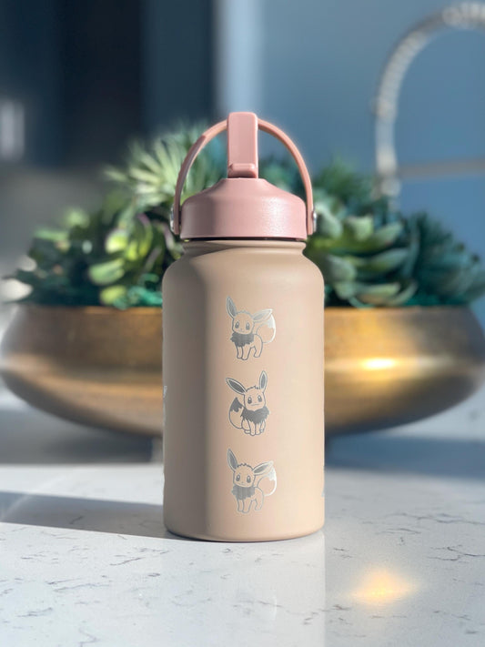 Eevee Water Bottle, Engraved Straw Waterbottle with Gigantamax & Fluffy Shaggy Hair Lana’s Eevee Coffee Tumbler, Anime Fan Birthday Gift