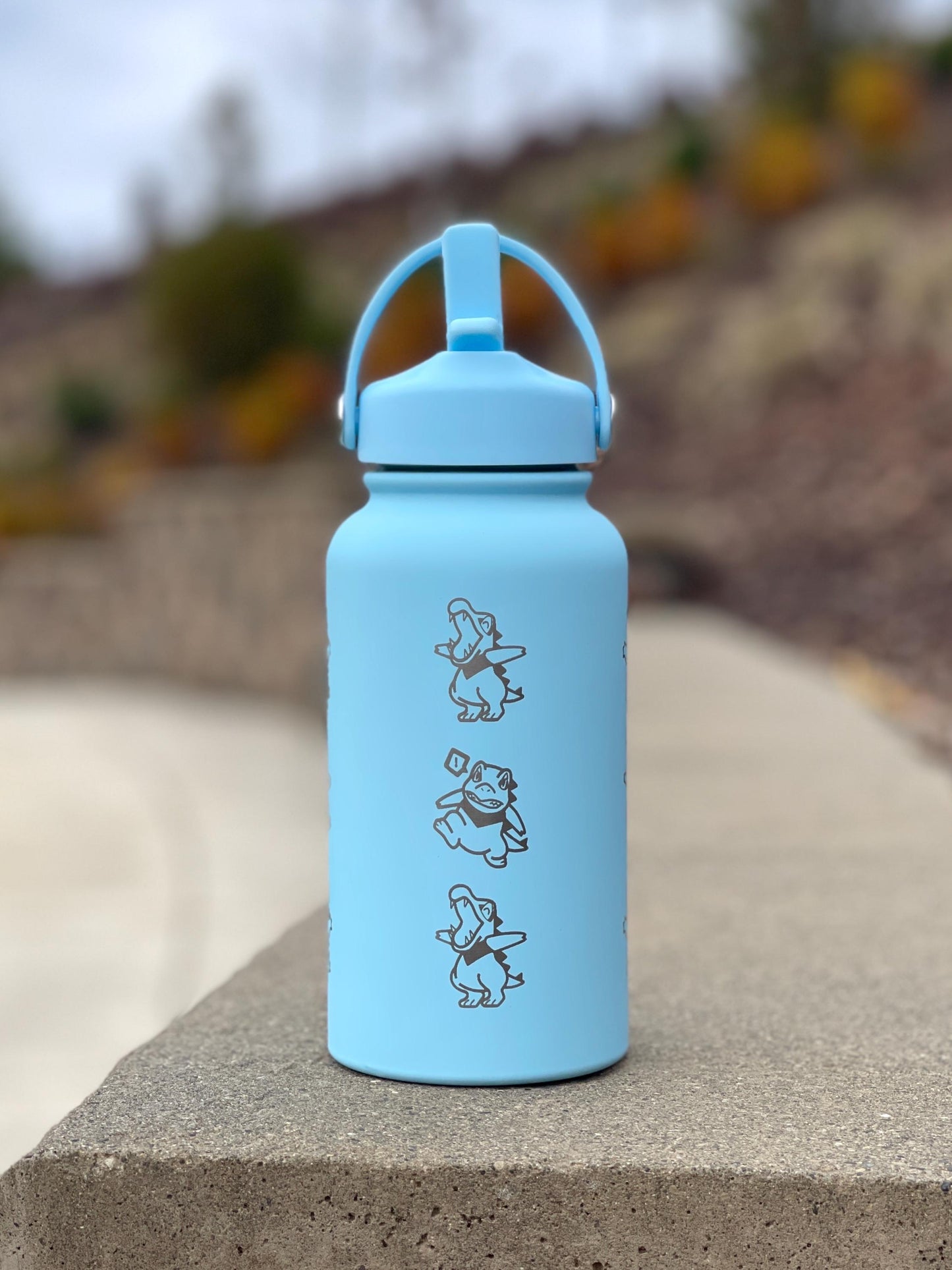 Cute Totodile Water Bottle Engraved Coffee Tumbler with Mystery Dungeon Scarf, Johto Starter Waterbottle Travel Mug, Anime Fan Birthday Gift