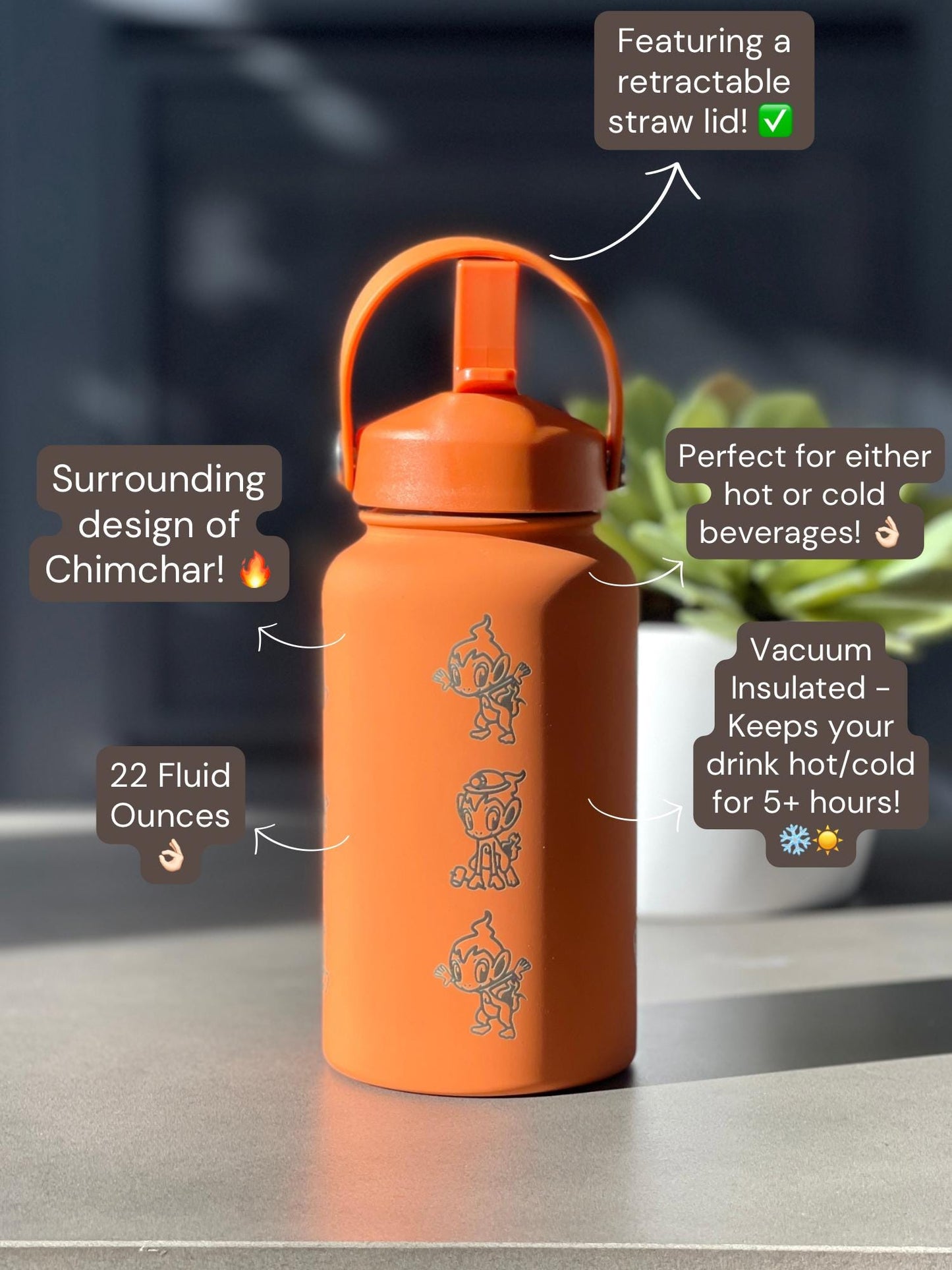 Chimchar Water Bottle Engraved Coffee Tumbler with Cafe Costume, Sinnoh Starter Waterbottle Travel Mug Thermos, Anime Fan Birthday Gift