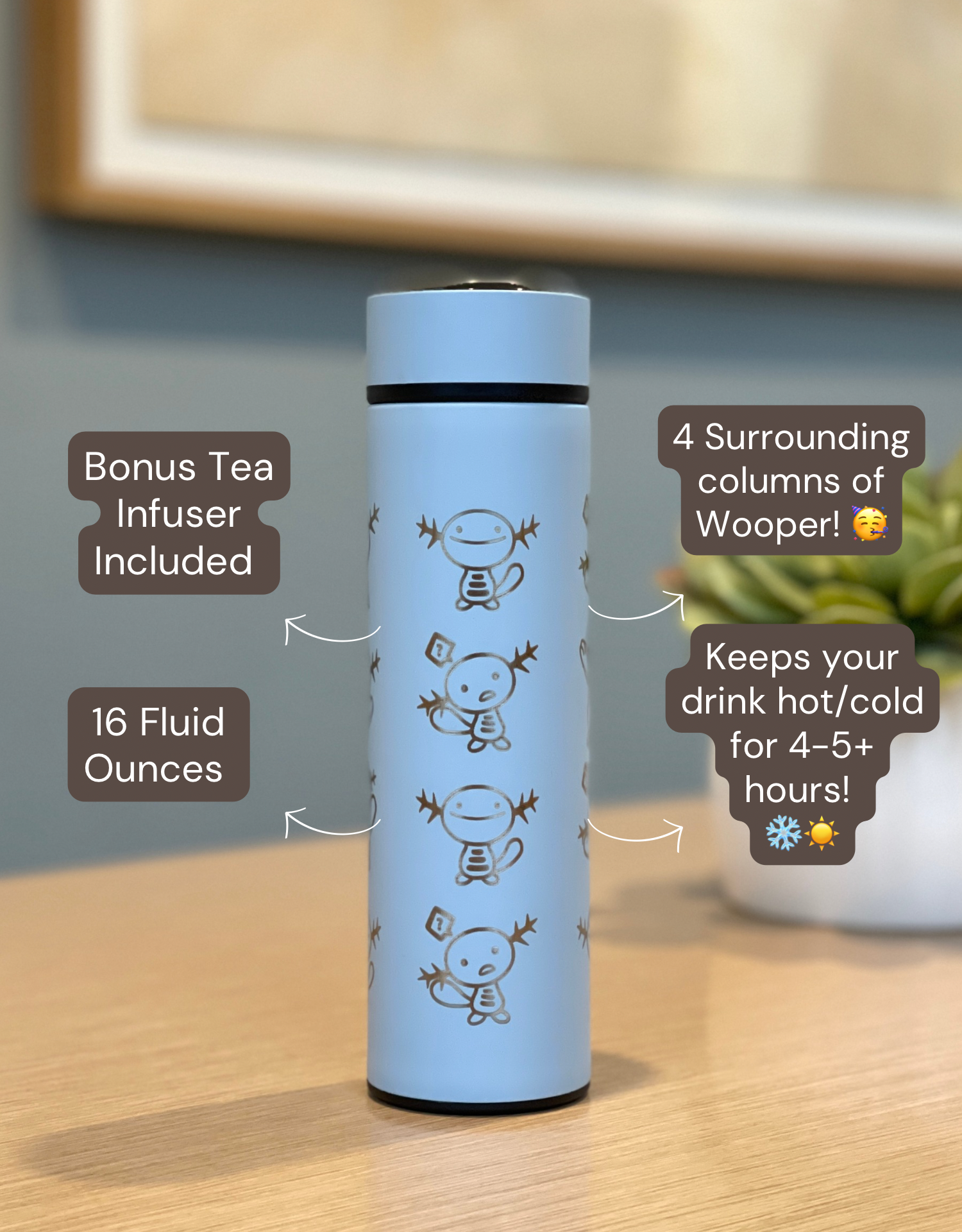 Wooper Quagsire Coffee Tumbler Tea Infuser with Beanie Skatebording Wooper, Water Bottle Travel Mug Thermos, Funny Anime Fan Gift