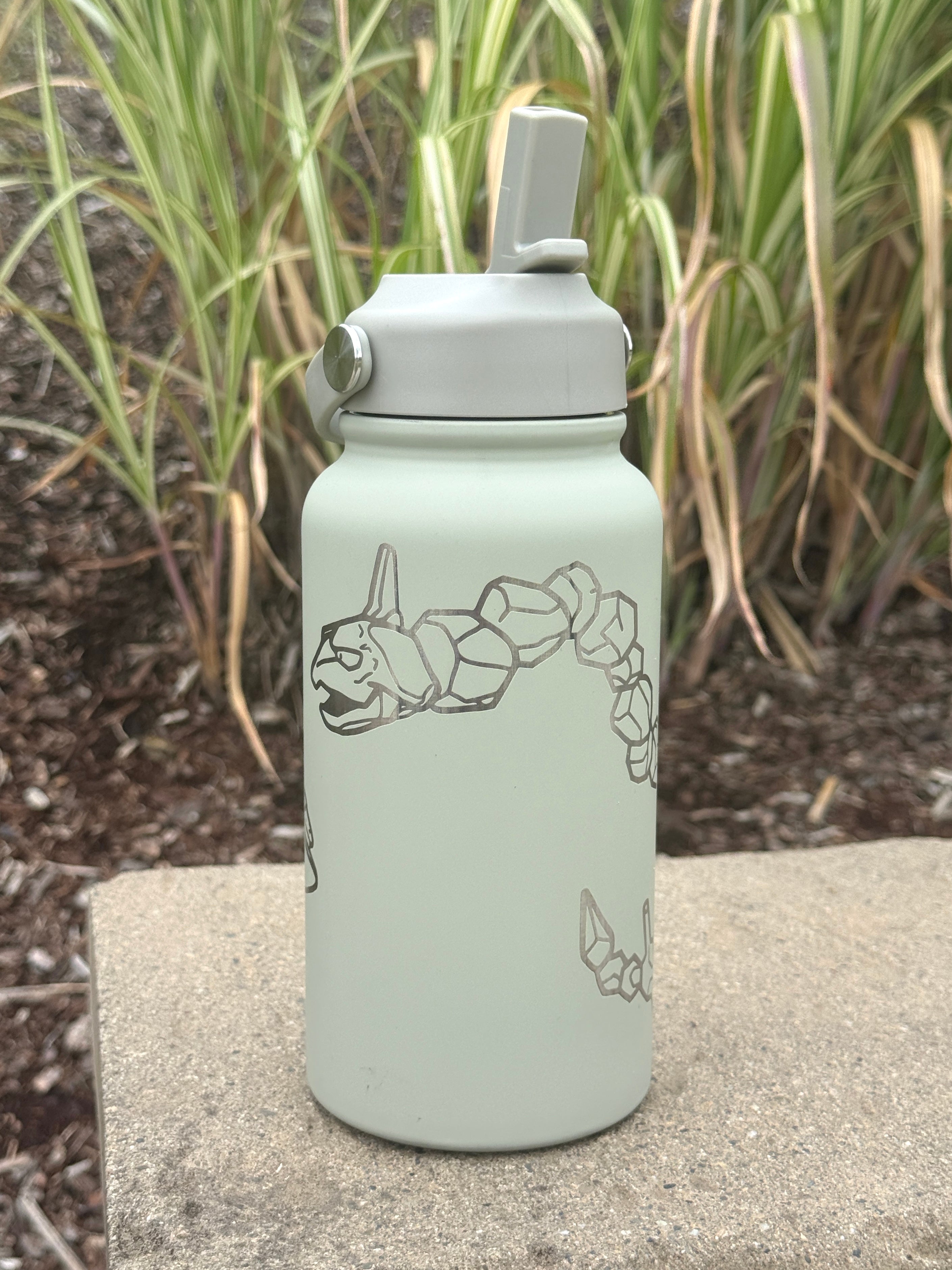 Onix Steelix Water Bottle Engraved Coffee Tumbler Surrounding Design Waterbottle, Rock Steel Thermos Anime Fan Birthday Gift