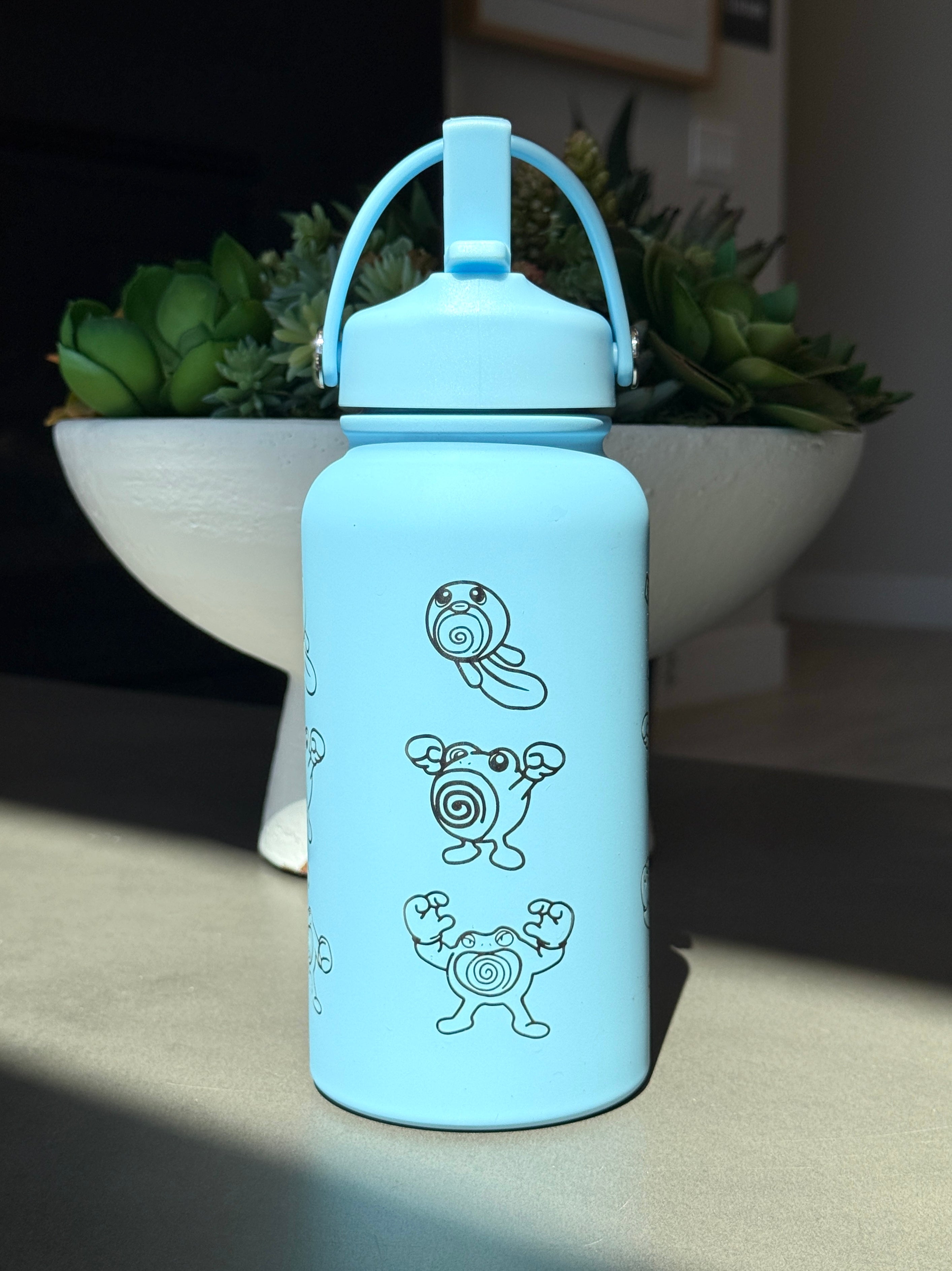Poliwag Poliwhirl Poliwrath Waterbottle Engraved Water Bottle with Gangster Poliwag & Sleeping Poliwhirl Coffee Tumbler Thermos Flask, Gamer Birthday Gift