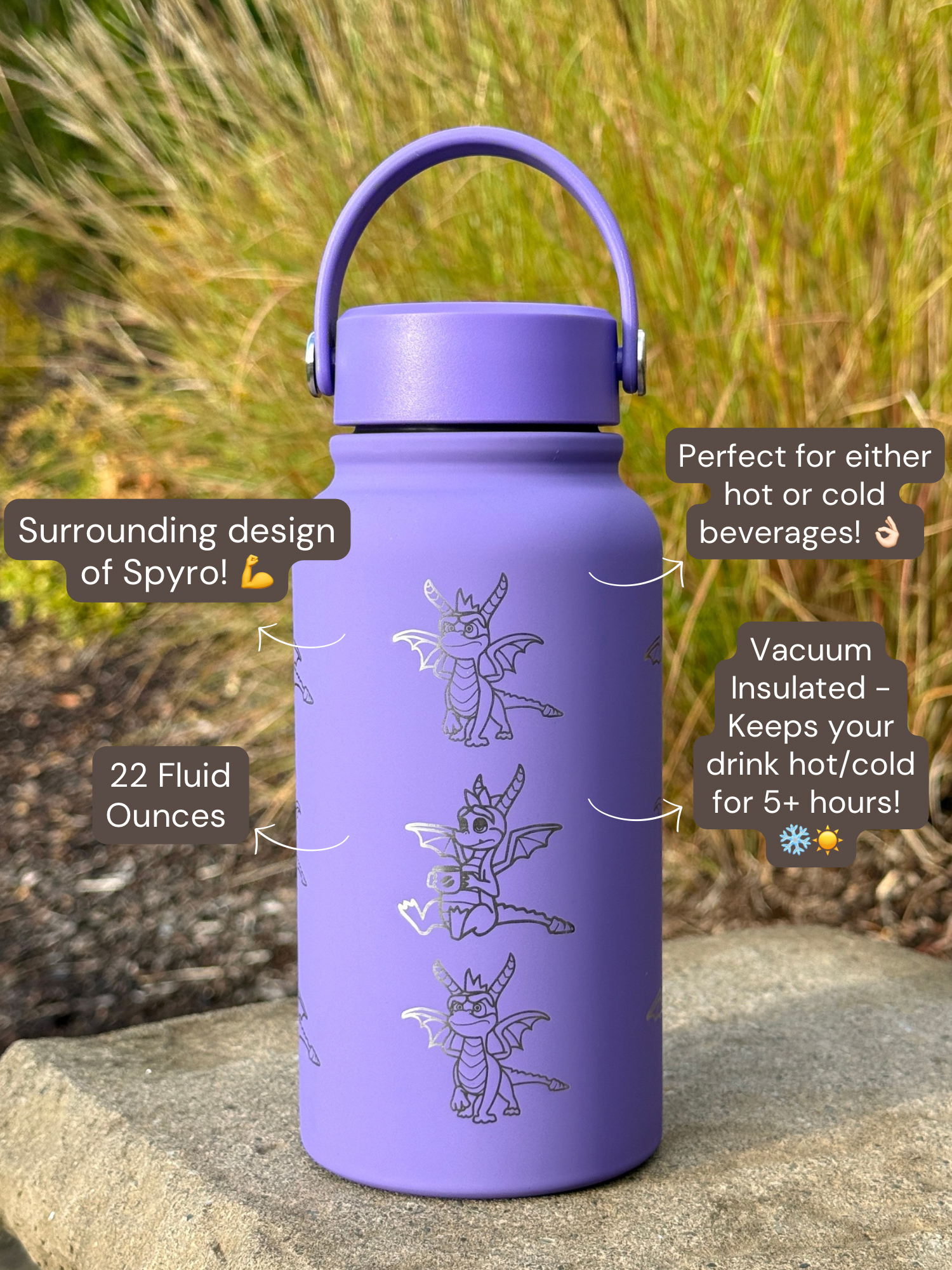 Spyro Water Bottle Engraved Waterbottle with Spyro Wearing Sunglasses Coffee Tumbler Thermos Flask, Gamer Anniversary Gift
