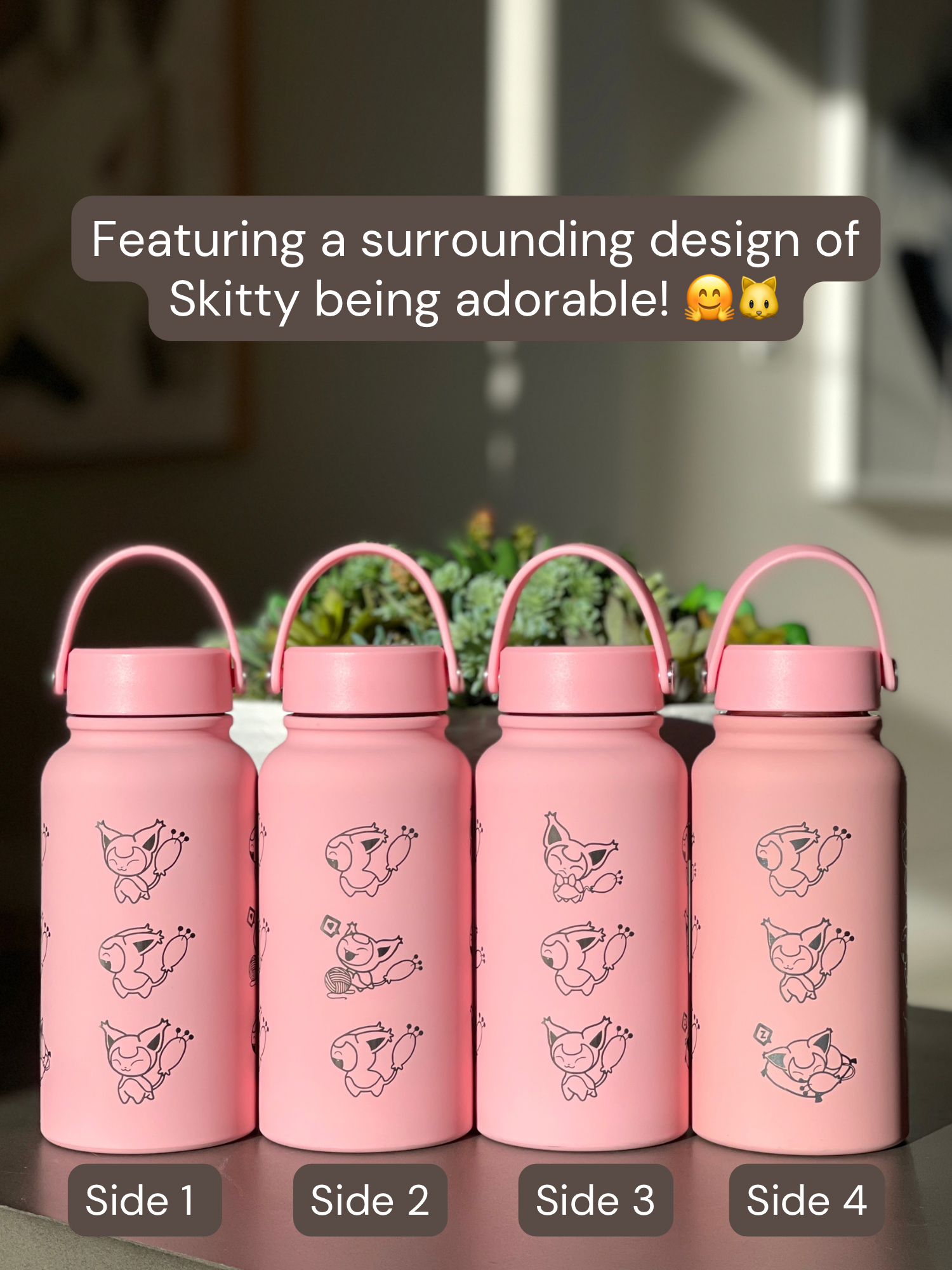 Skitty Water Bottle Engraved Waterbottle with Knitting & Sleeping Skitty, Cute Cat Coffee Tumbler Thermos Flask, Anime Anniversary Gift