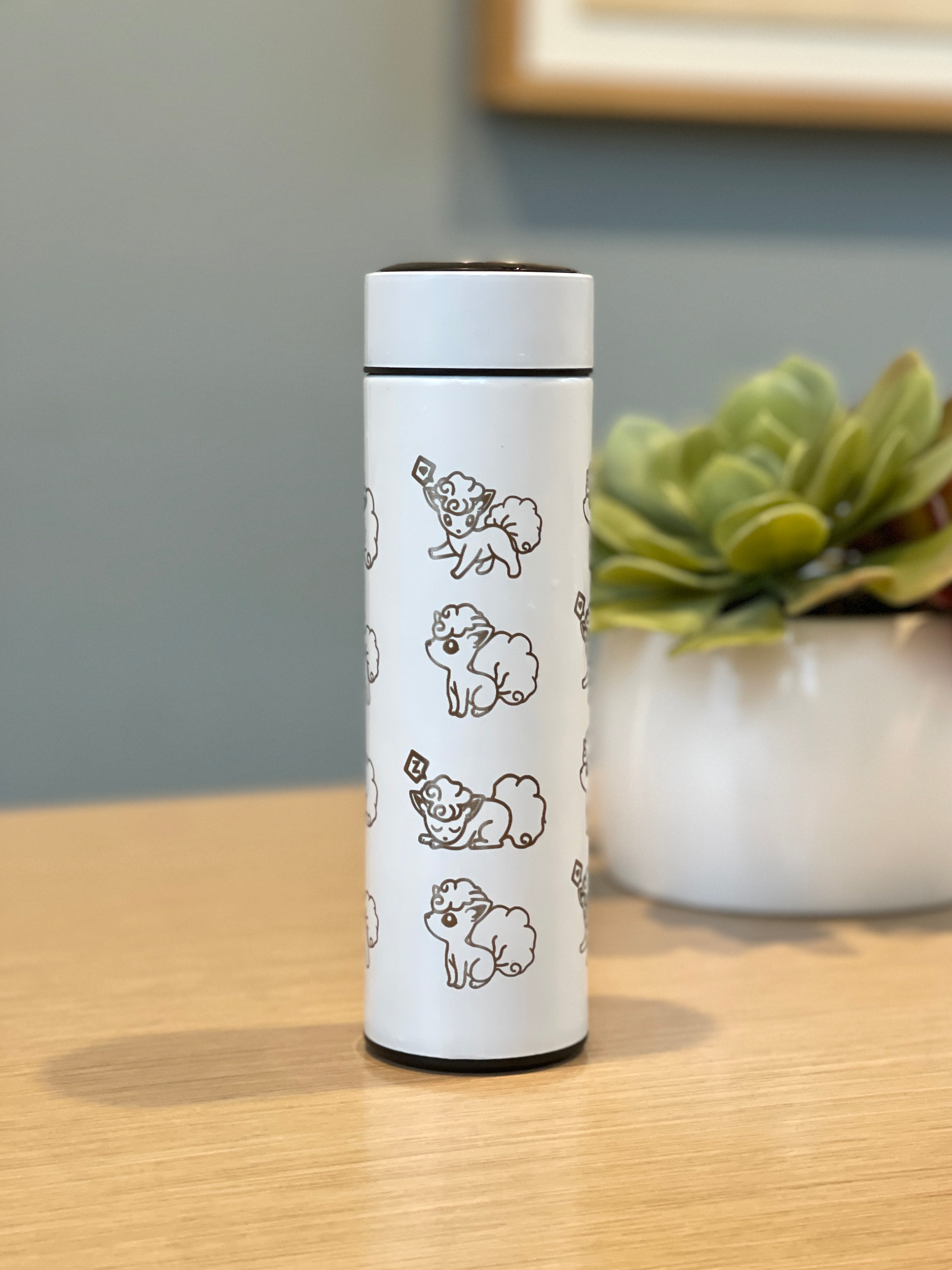 Alolan Vulpix Ninetails Coffee Tumbler Tea Infuser, Engraved Water Bottle Travel Mug, Sleeping Vulpix Cute Anime Fan Gift