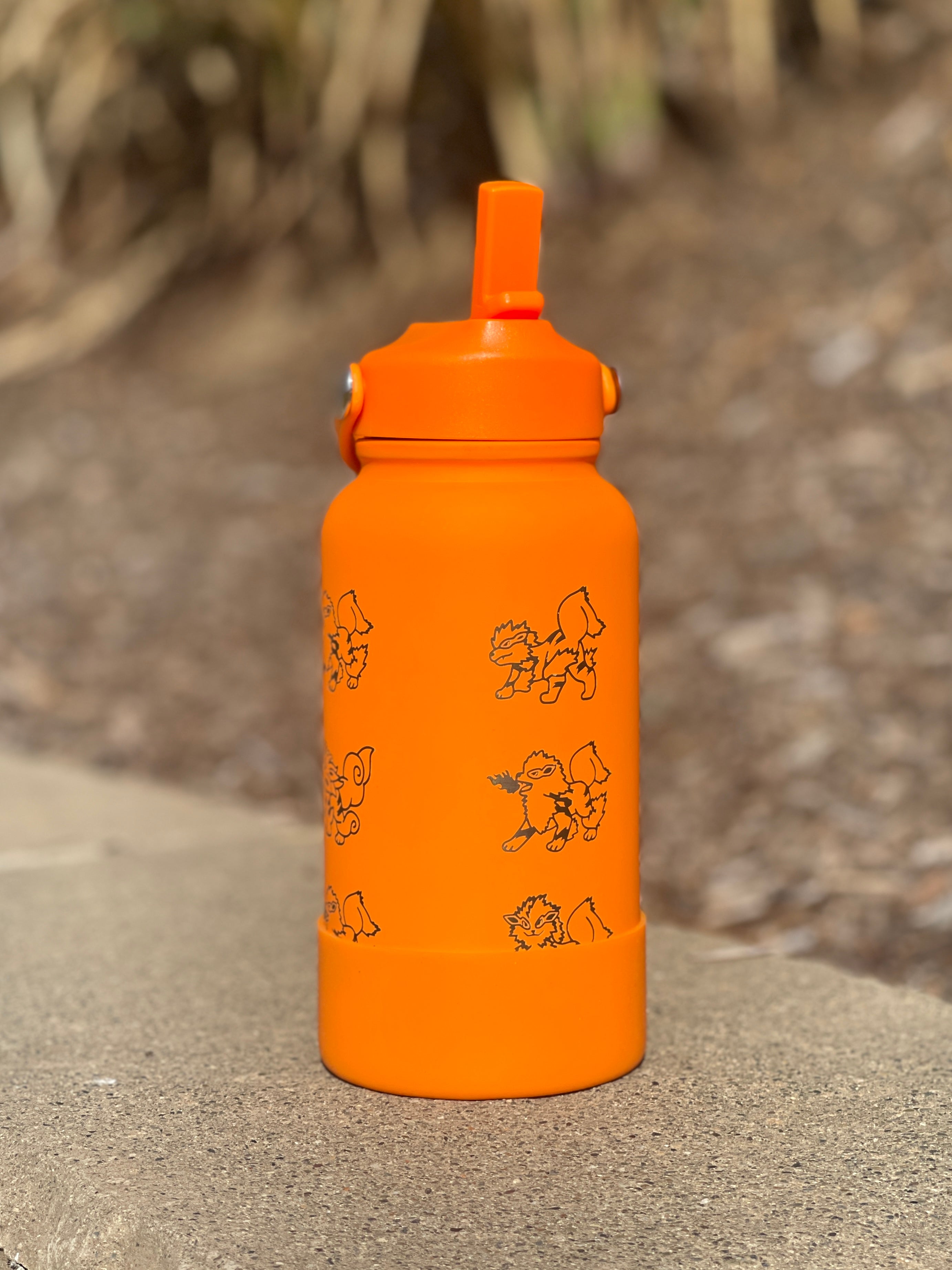 Arcanine Straw Water Bottle with Hisuian Arcanine Engraved Coffee Tumbler Gamer Waterbottle, Growlithe Fan Birthday Tea Flask Gift