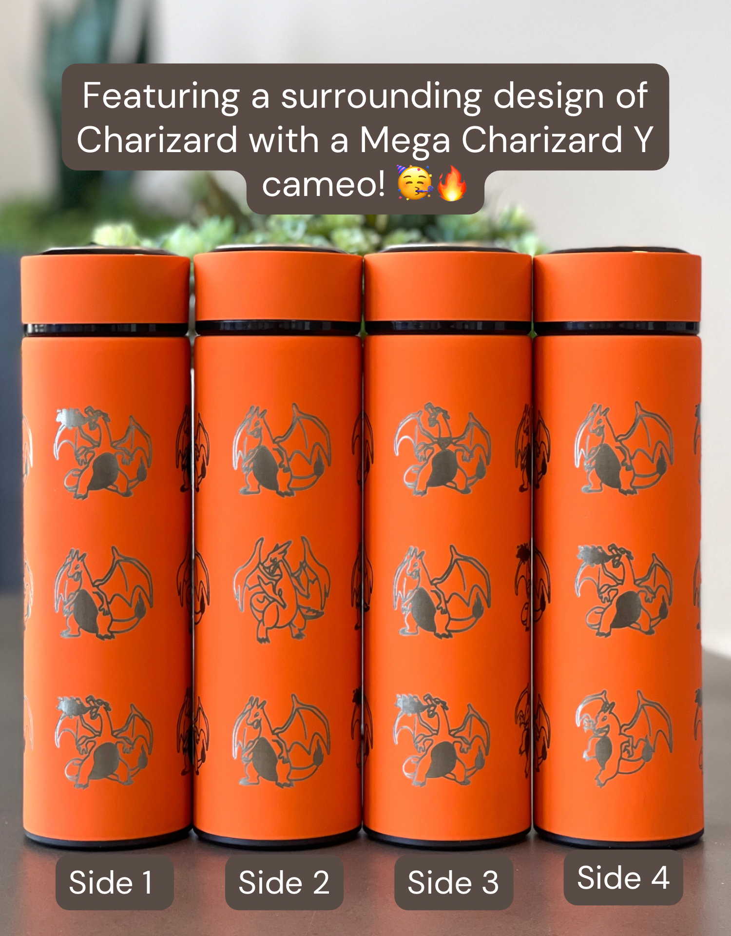 Charizard Coffee Tumbler Tea Infuser with Mega Charizard Y, Kanto Fire Starter Engraved Water Bottle Travel Mug Flask, Gamer Gift