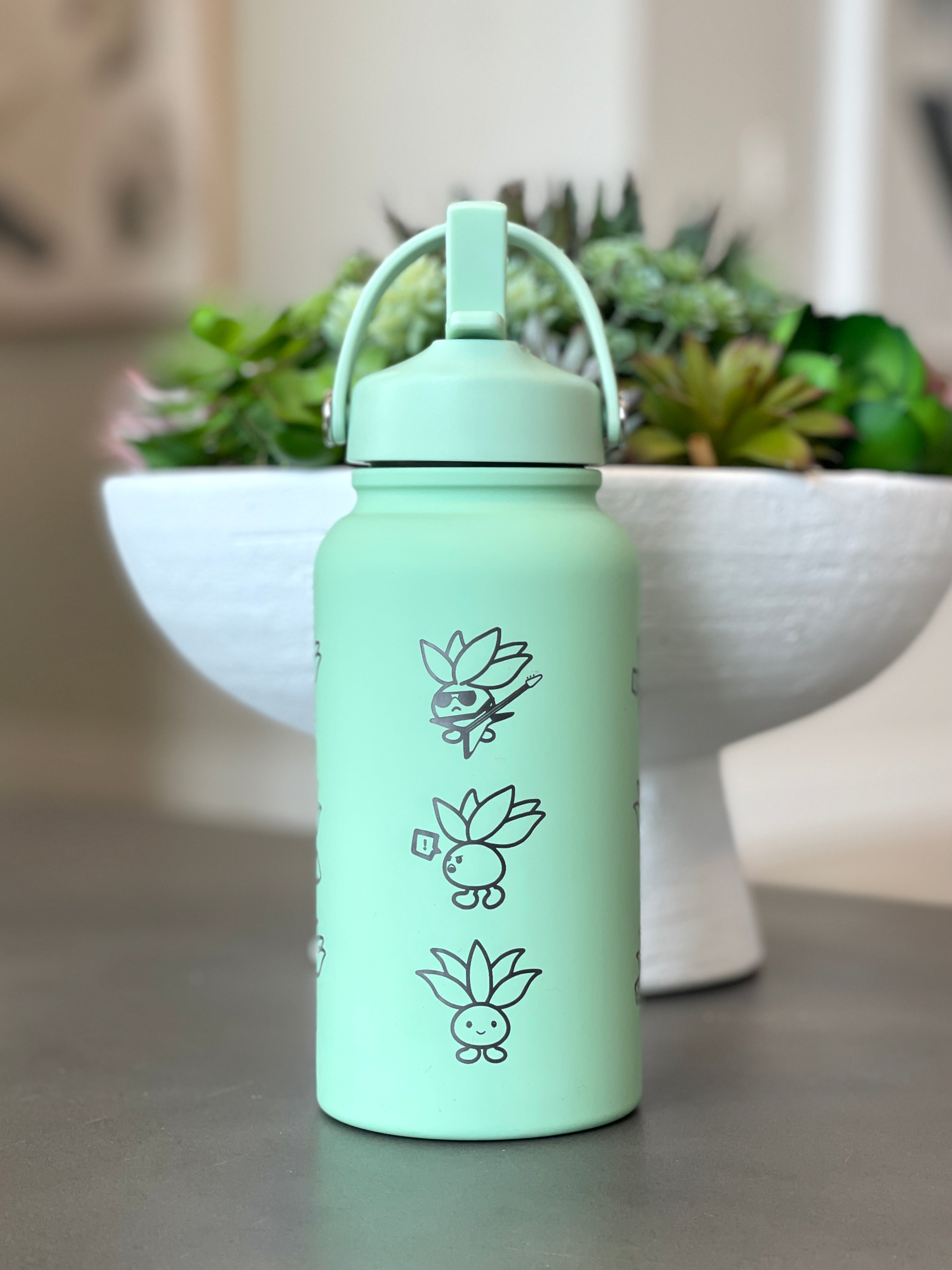 Oddish Water Bottle Engraved Coffee Tumbler, Oddish with Guitar Waterbottle, Funny Cute Anime Fan Birthday Gift