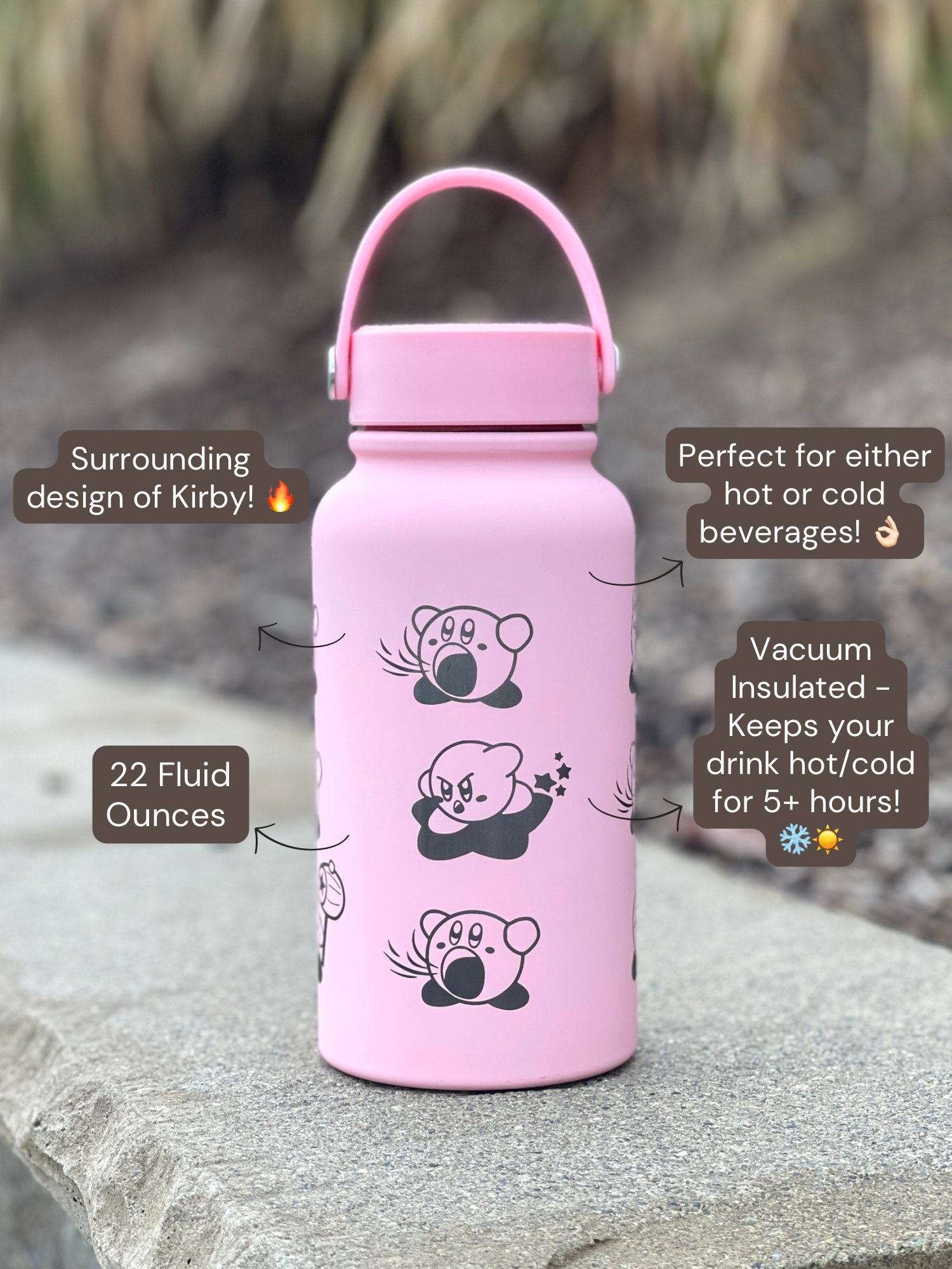 Kirby Water Bottle Engraved Waterbottle with Knife Kirby Warp Star & Hammer Coffee Tumbler Thermos, Gamer Anniversary Gift