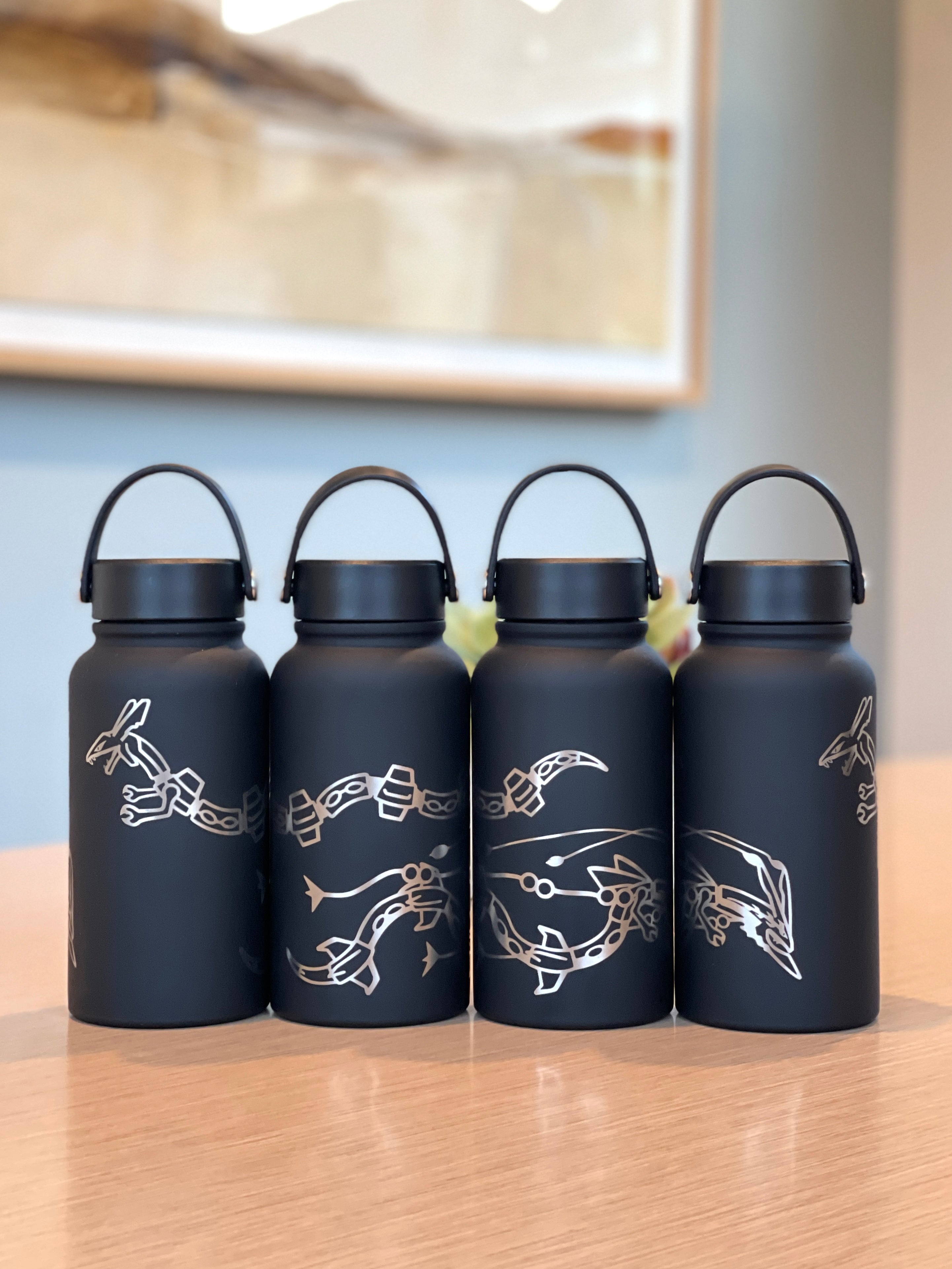 Shiny Rayquaza & Mega Rayquaza Water Bottle Engraved Waterbottle Black Rayquaza Dragon Legendary Coffee Tumbler Thermos, Gamer Anniversary Gift