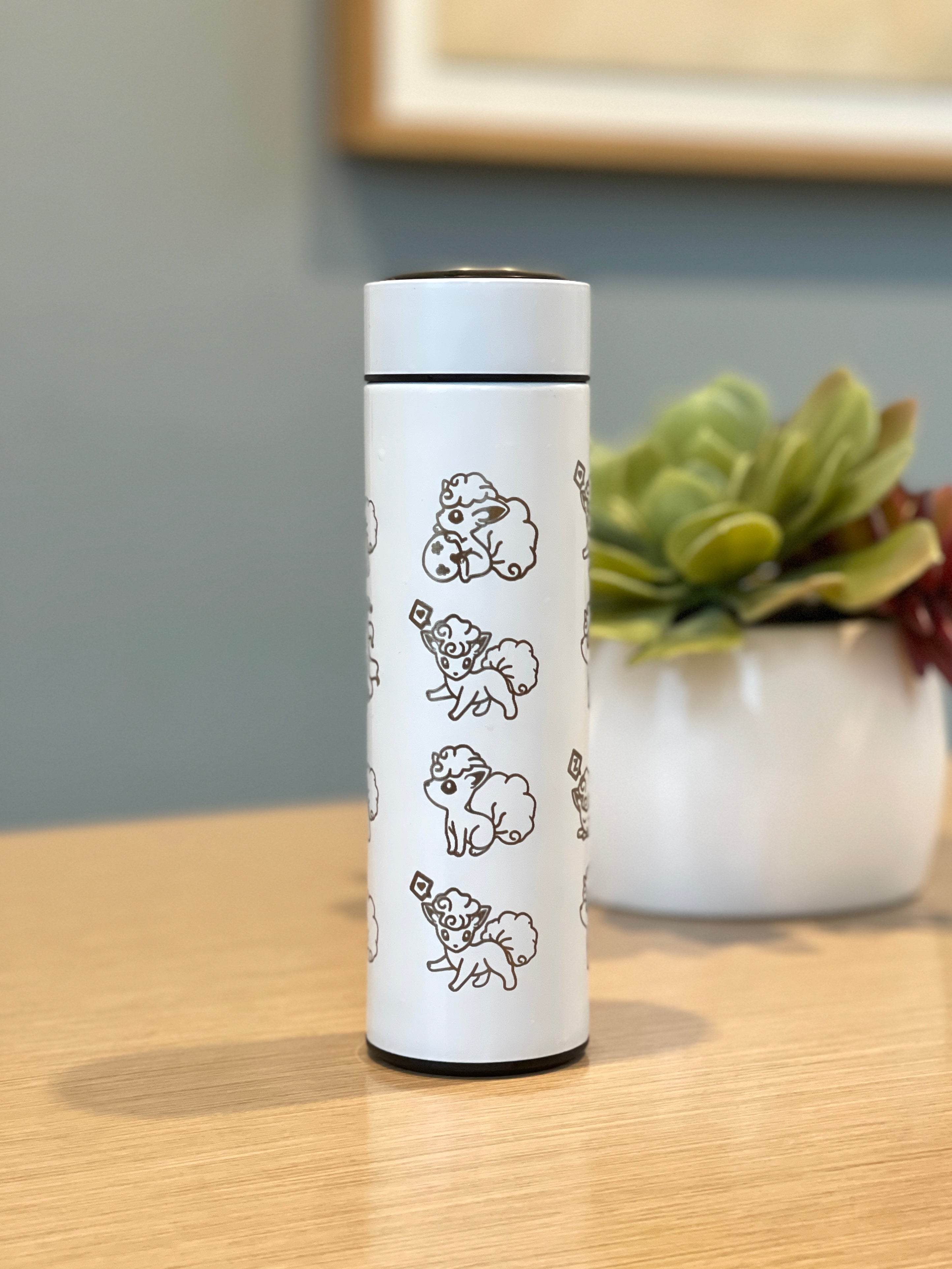 Alolan Vulpix Ninetails Coffee Tumbler Tea Infuser, Engraved Water Bottle Travel Mug, Sleeping Vulpix Cute Anime Fan Gift