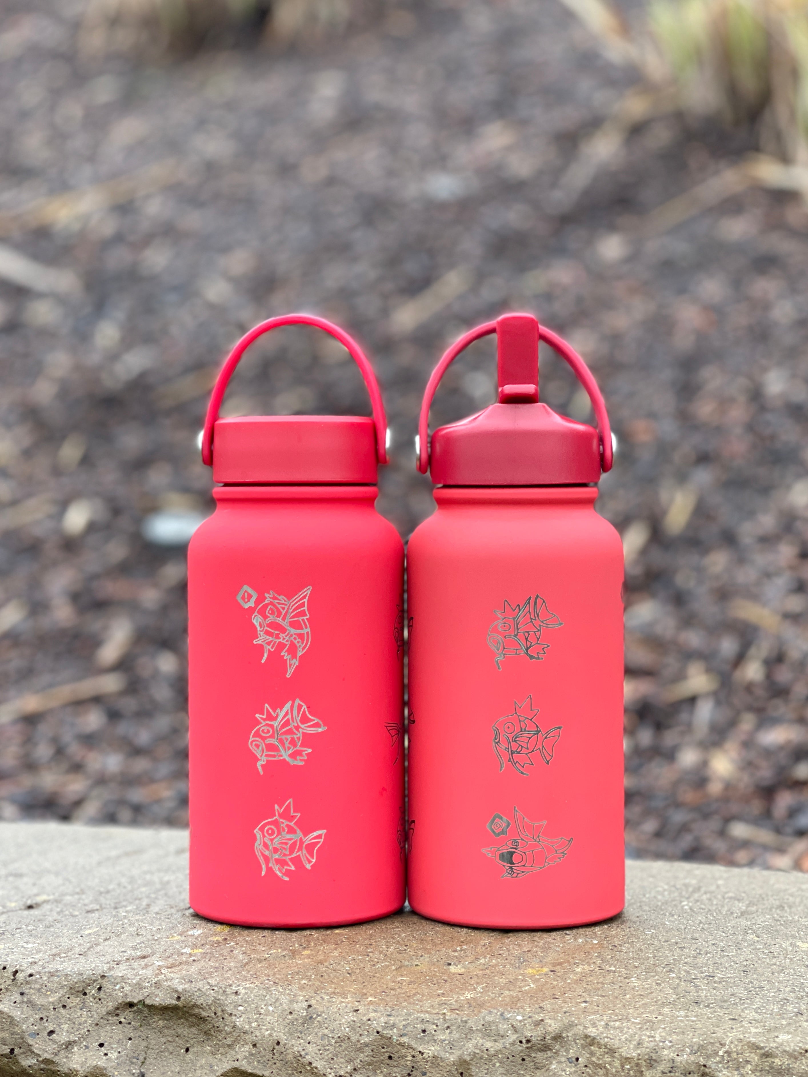 Magikarp Water Bottle Engraved Waterbottle with Fainted & Ditto Magikarp Cafe Hat, Fish Coffee Tumbler Thermos Flask, Gamer Anniversary Gift