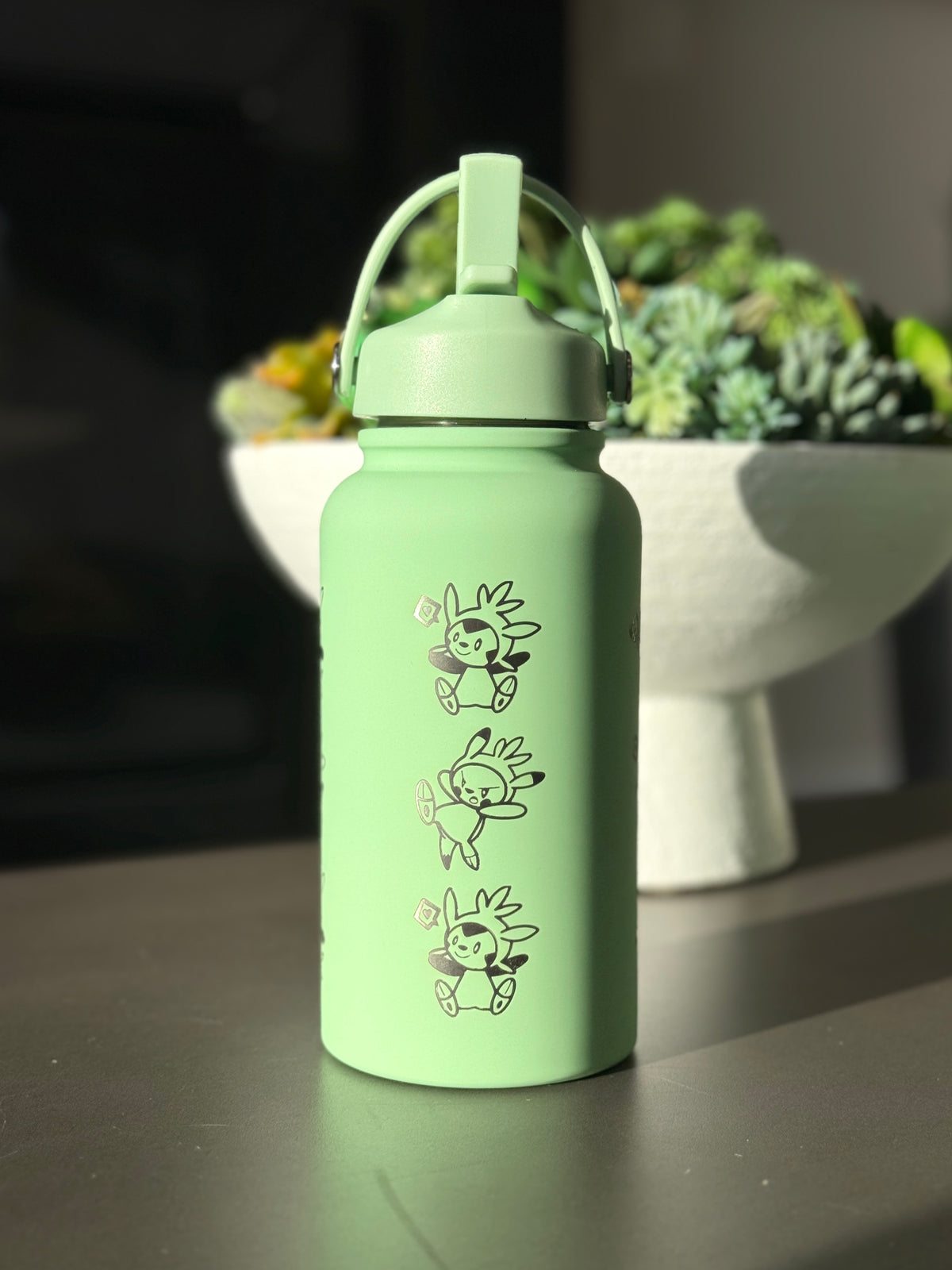 Chespin Water Bottle Engraved Coffee Tumbler with Sleeping Chespin Waterbottle, Kalos Grass Starter Thermos Anime Fan Birthday Gift
