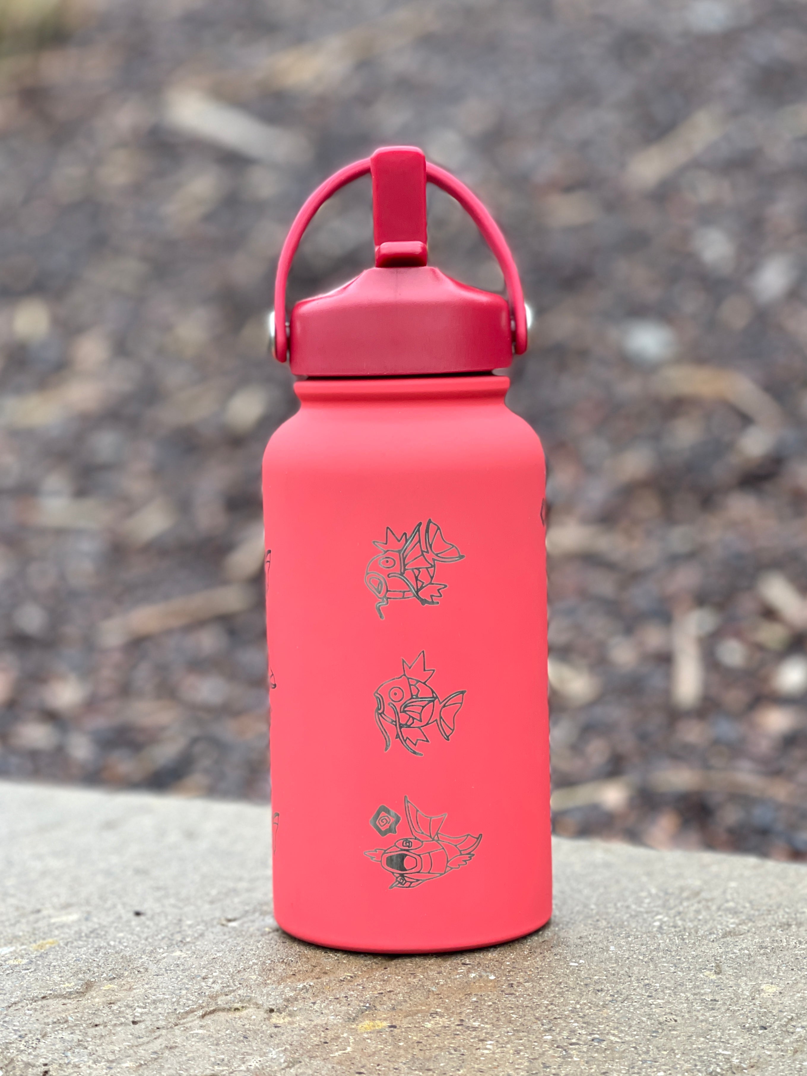 Magikarp Water Bottle Engraved Waterbottle with Fainted & Ditto Magikarp Cafe Hat, Fish Coffee Tumbler Thermos Flask, Gamer Anniversary Gift