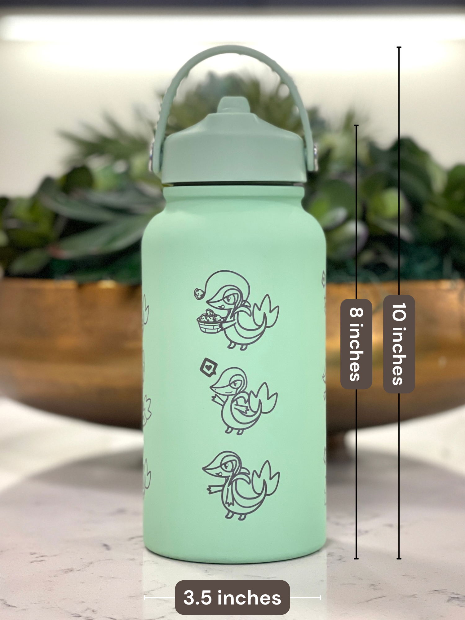 Snivy Water Bottle Engraved Waterbottle with Sleeping Snivy, Grass Unova Starter Coffee Tumbler Thermos, Gamer Anniversary Gift