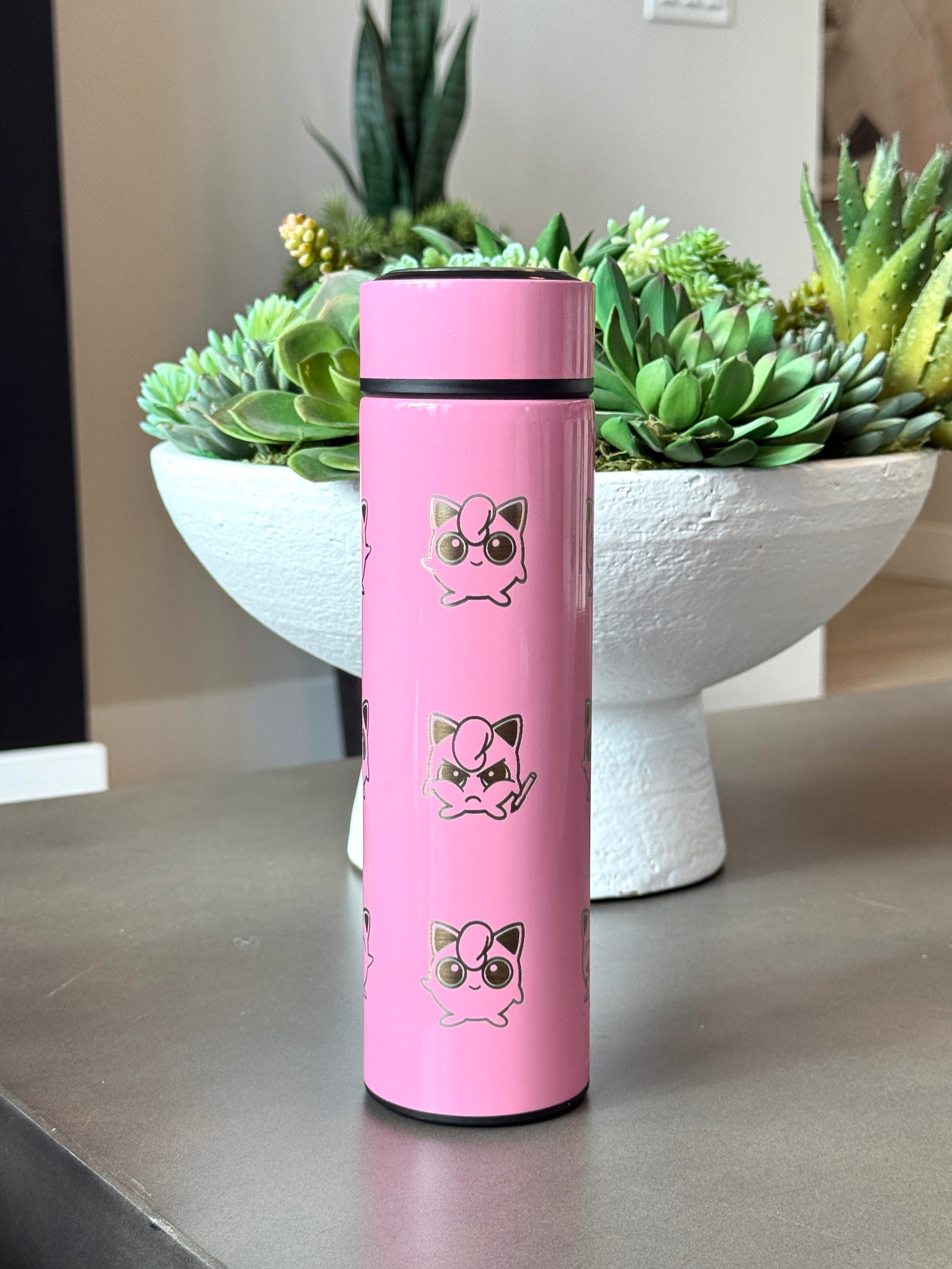 Jigglypuff Coffee Tumbler Tea Infuser with Singing & Angry Jigglypuff with Marker Water Bottle Travel Mug, Anime Fan Gifti