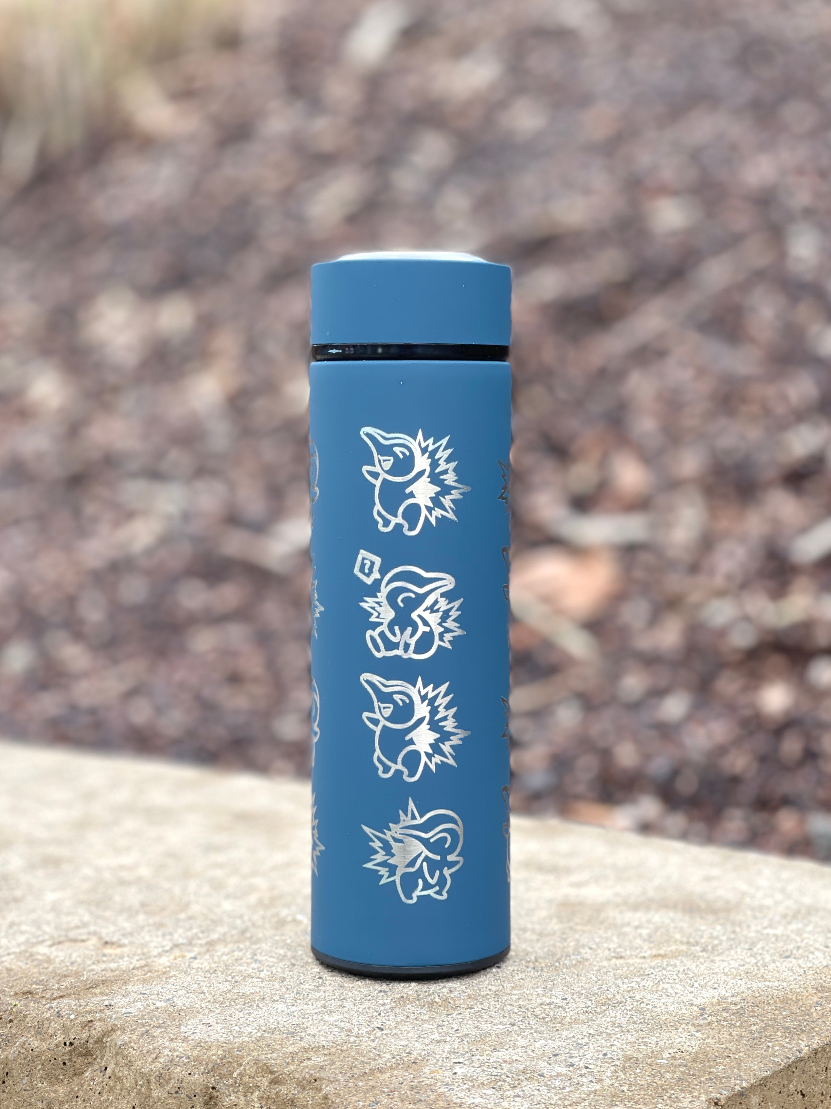 Cyndaquil Coffee Tumbler Tea Infuser Bottle with Mystery Dungeon Scarf & Sleeping Cyndaquil, Johto Fire Starter Water Bottle Travel Mug, Gamer Gift