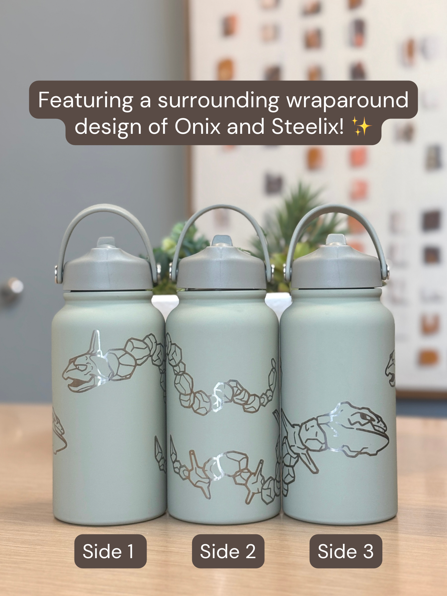 Onix Steelix Water Bottle Engraved Coffee Tumbler Surrounding Design Waterbottle, Rock Steel Thermos Anime Fan Birthday Gift