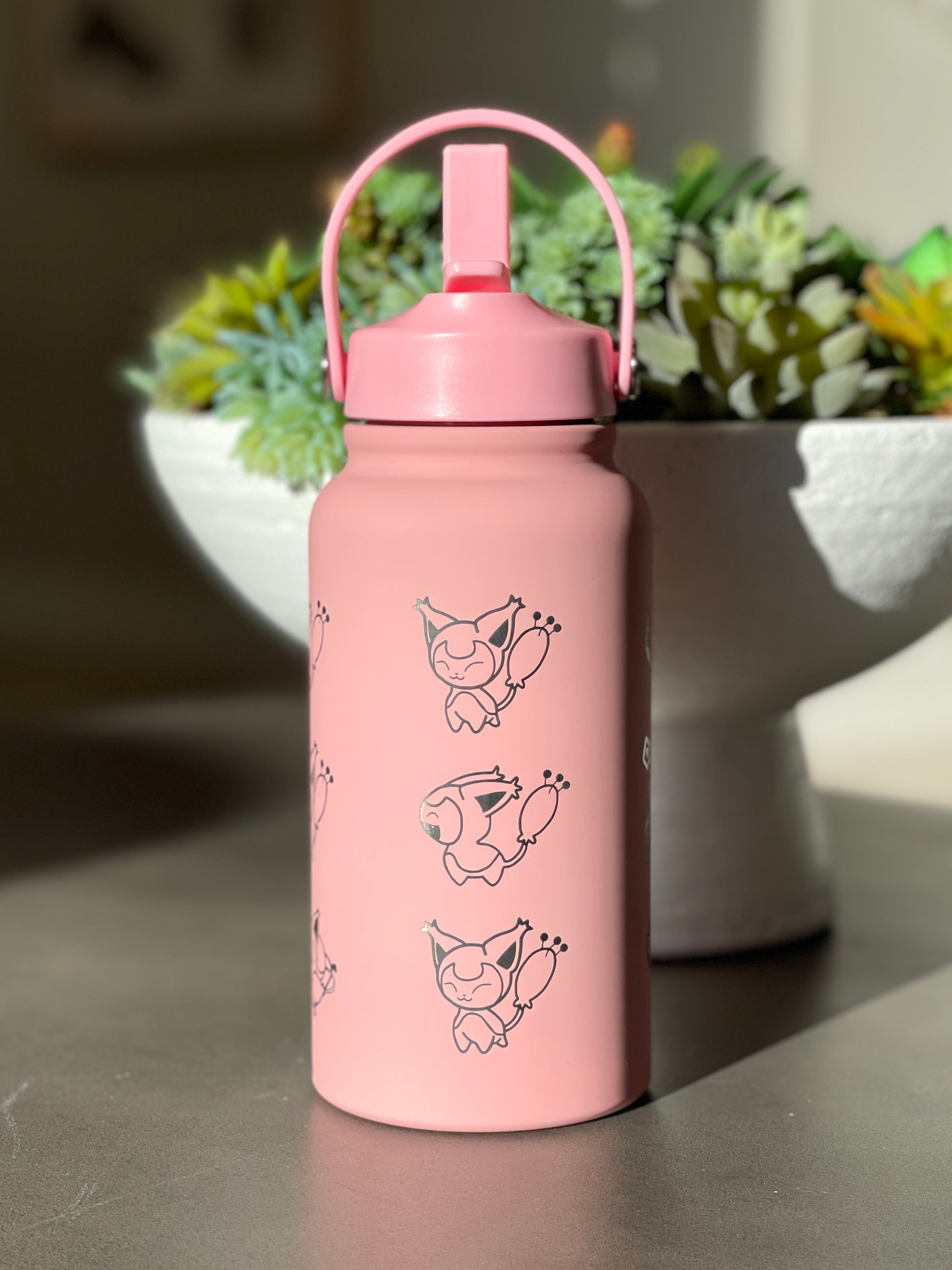 Skitty Water Bottle Engraved Waterbottle with Knitting & Sleeping Skitty, Cute Cat Coffee Tumbler Thermos Flask, Anime Anniversary Gift