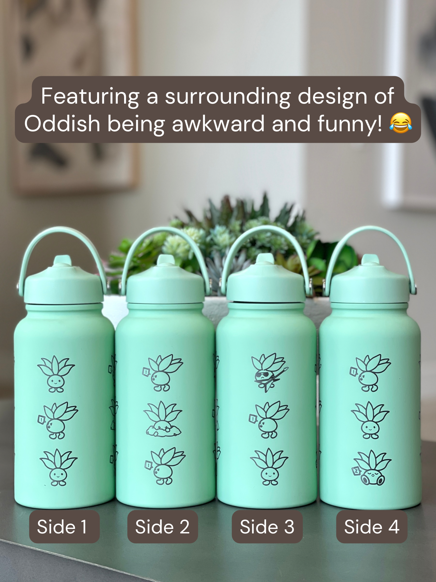 Oddish Water Bottle Engraved Coffee Tumbler, Oddish with Guitar Waterbottle, Funny Cute Anime Fan Birthday Gift