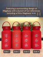 Magikarp Water Bottle Engraved Waterbottle with Fainted & Ditto Magikarp Cafe Hat, Fish Coffee Tumbler Thermos Flask, Gamer Anniversary Gift