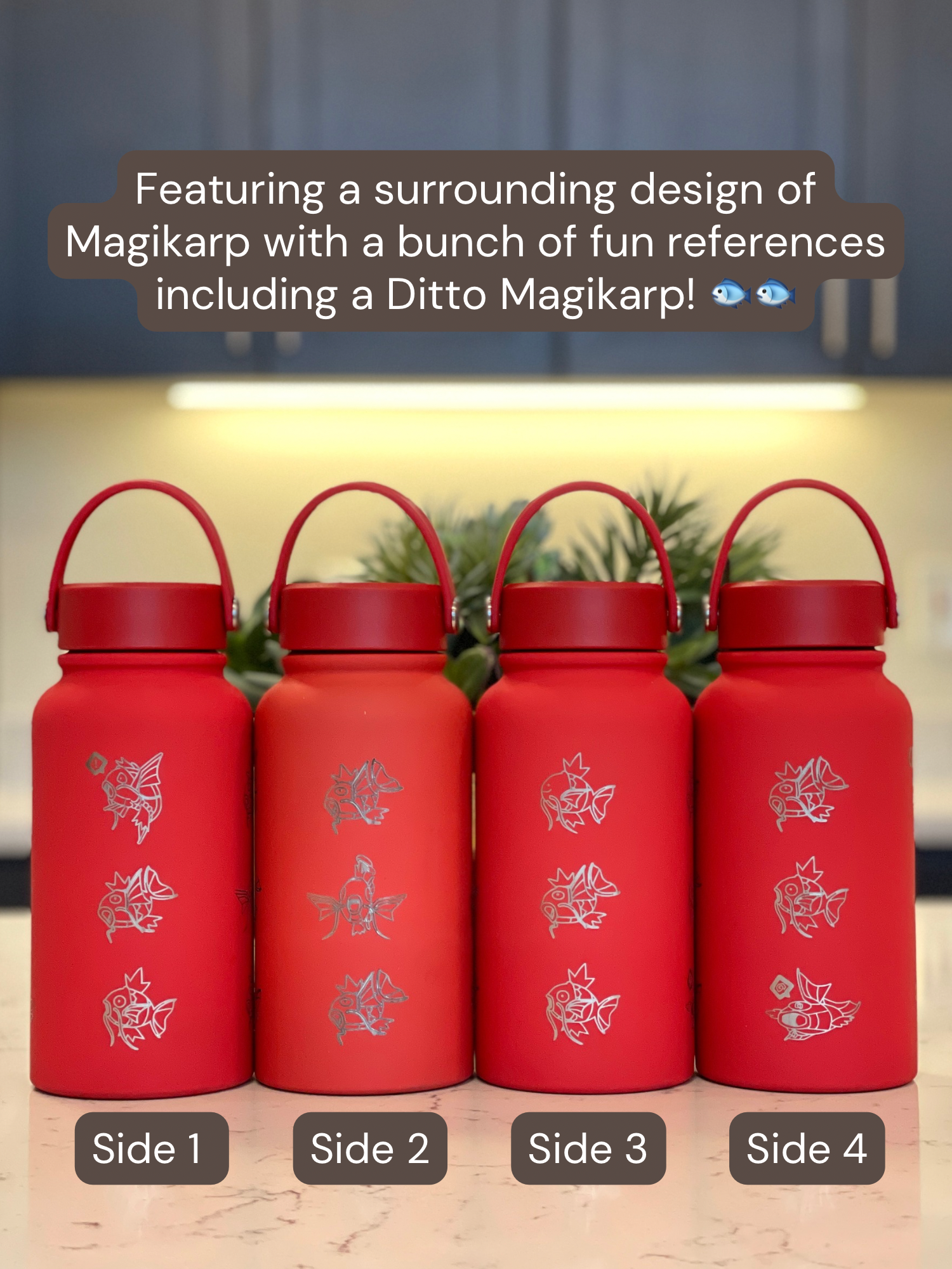 Magikarp Water Bottle Engraved Waterbottle with Fainted & Ditto Magikarp Cafe Hat, Fish Coffee Tumbler Thermos Flask, Gamer Anniversary Gift