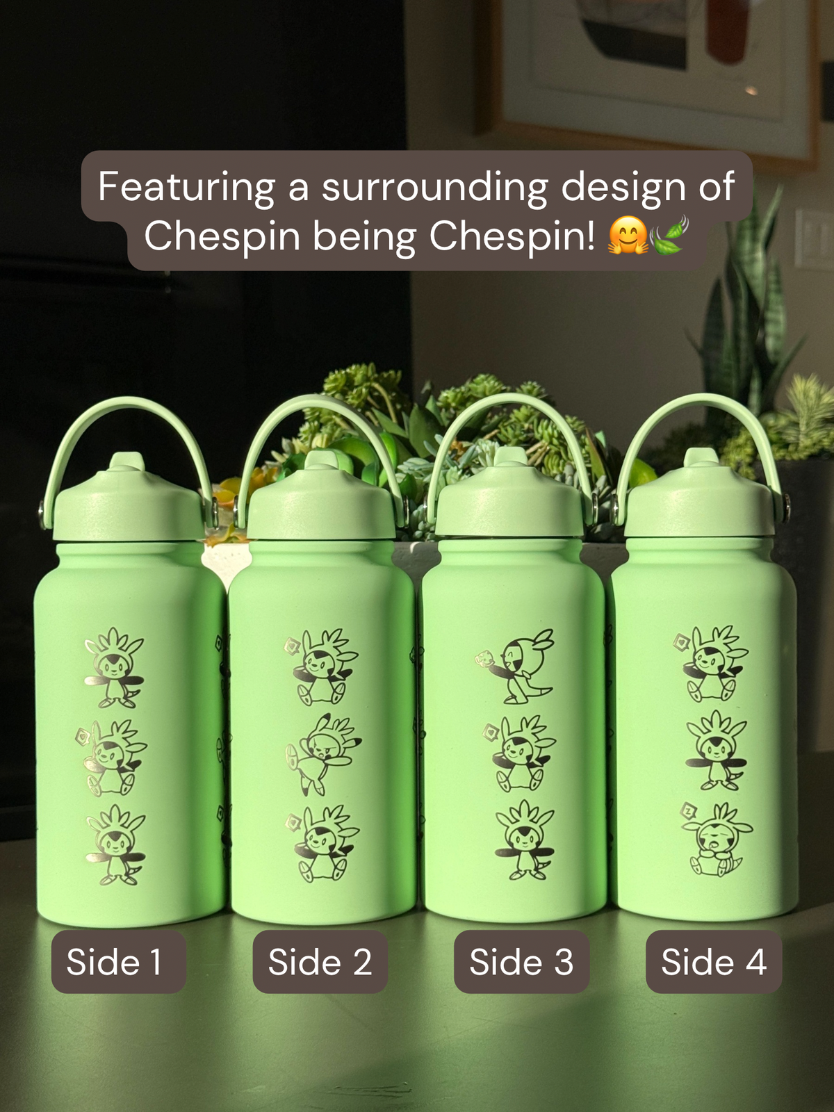 Chespin Water Bottle Engraved Coffee Tumbler with Sleeping Chespin Waterbottle, Kalos Grass Starter Thermos Anime Fan Birthday Gift