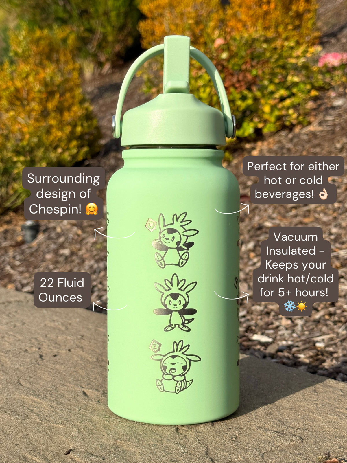 Chespin Water Bottle Engraved Coffee Tumbler with Sleeping Chespin Waterbottle, Kalos Grass Starter Thermos Anime Fan Birthday Gift